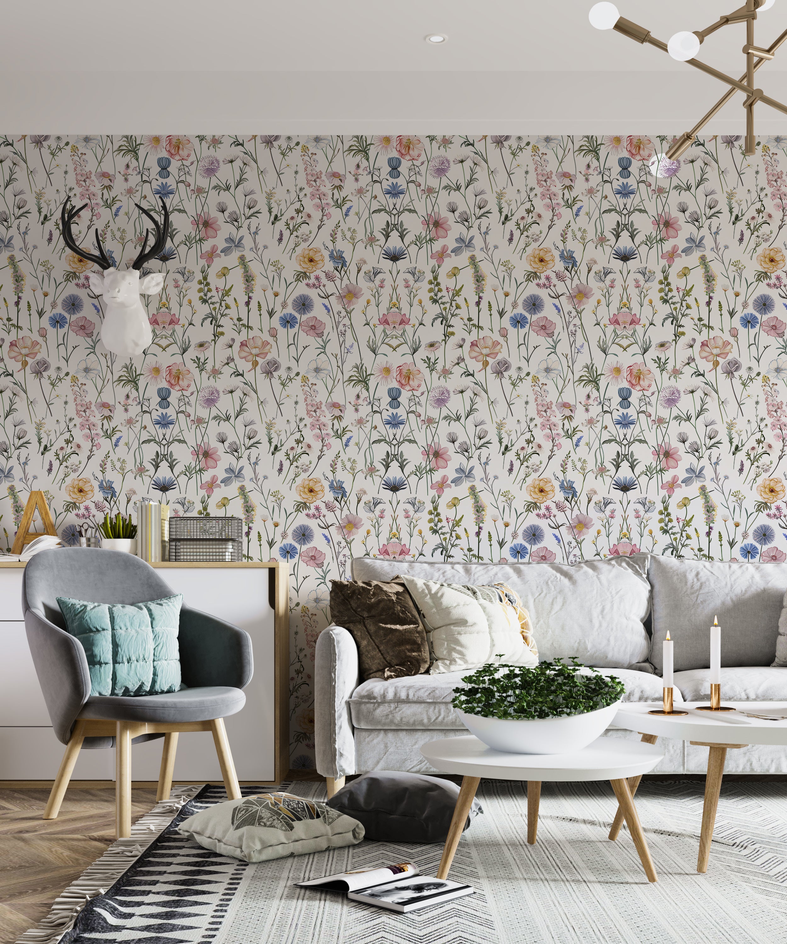 Delicate Flowers in Pastel Colors Wallpaper, Peel and Stick Light Floral Wall Decal, Wild Meadow Flower Pattern Wallpaper, Removable PVC-free