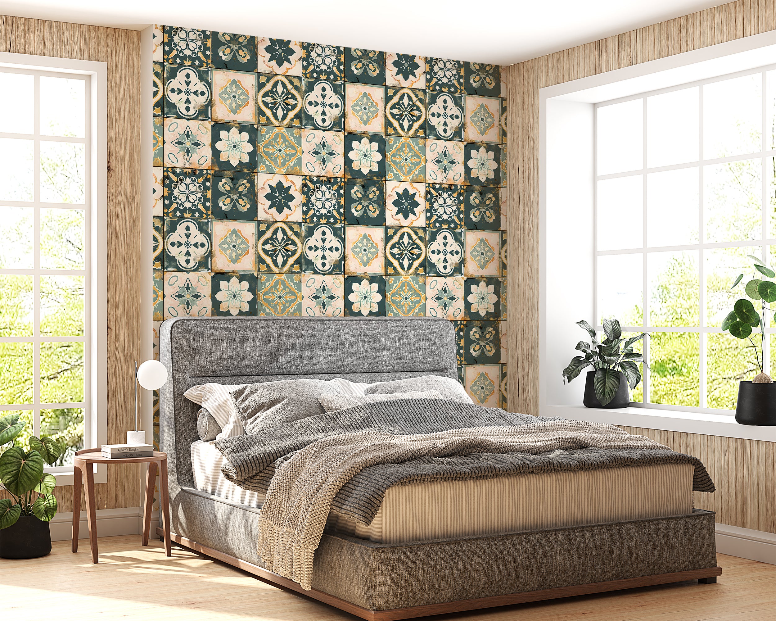 Patchwork Tiles Wallpaper, Peel and Stick Moroccan Wall Decal, Removable Floral Tile Style Wallpaper, Rustic Colors Vintage Wall Decor