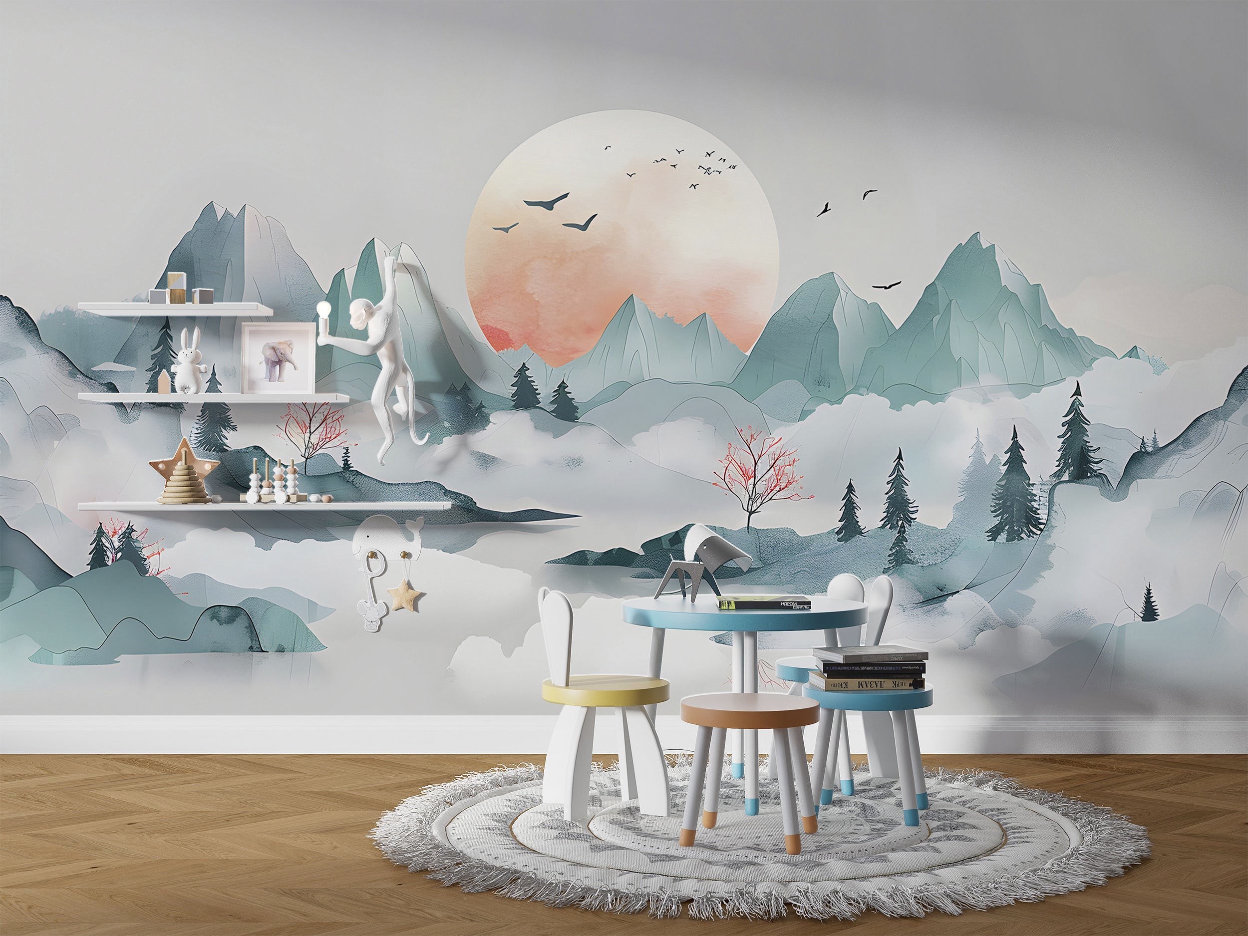 Japanese Abstract Landscape Mural, Peel and Stick Pastel Green Mountains Wallpaper, Foggy Mountain Sunset Watercolor Wall Mural