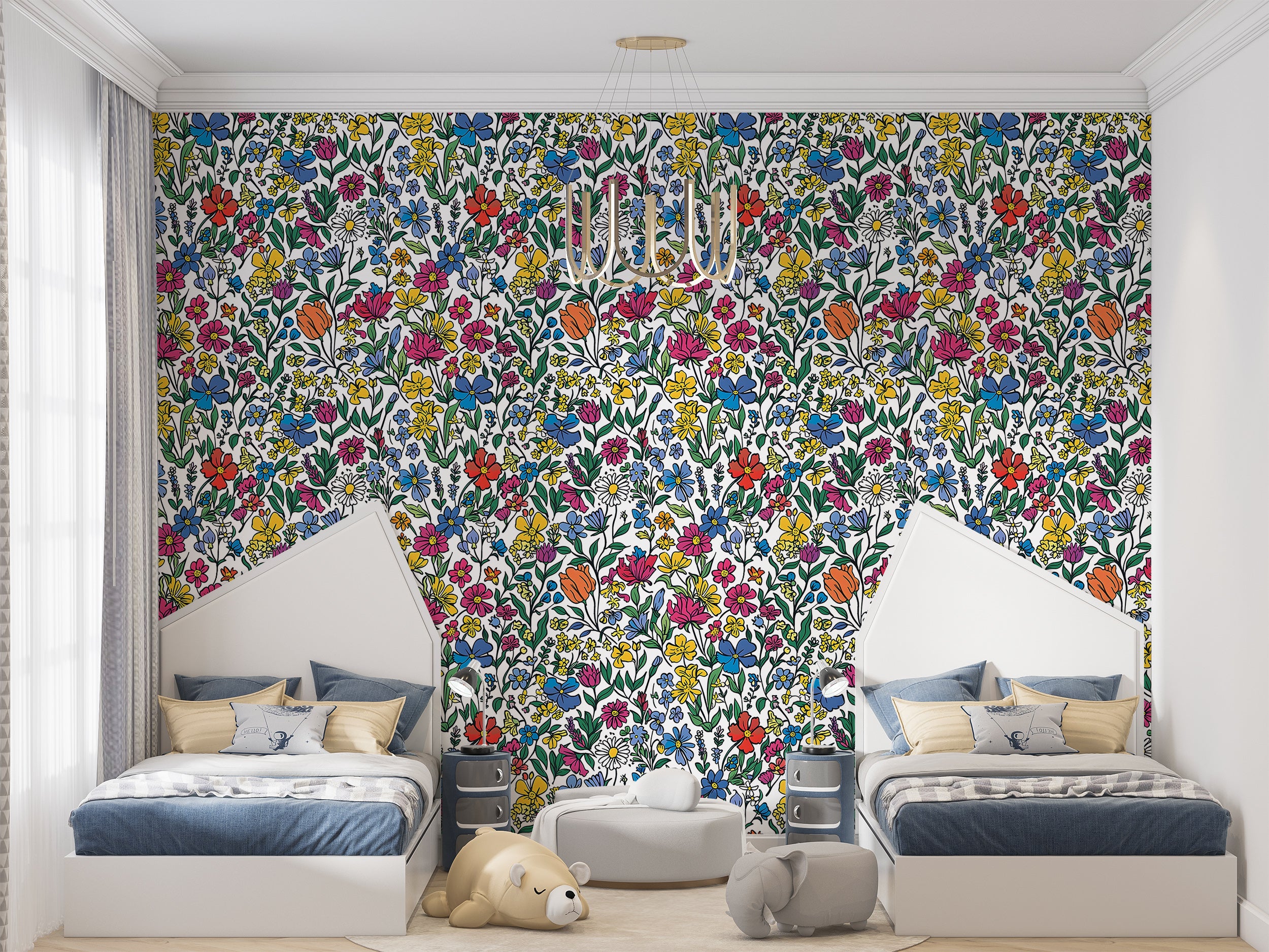 Colorful Floral Wallpaper, Watercolor Peel and Stick Meadow Flowers Wall Decal, Removable Cartoon Style Wild Flower Pattern Wallpaper