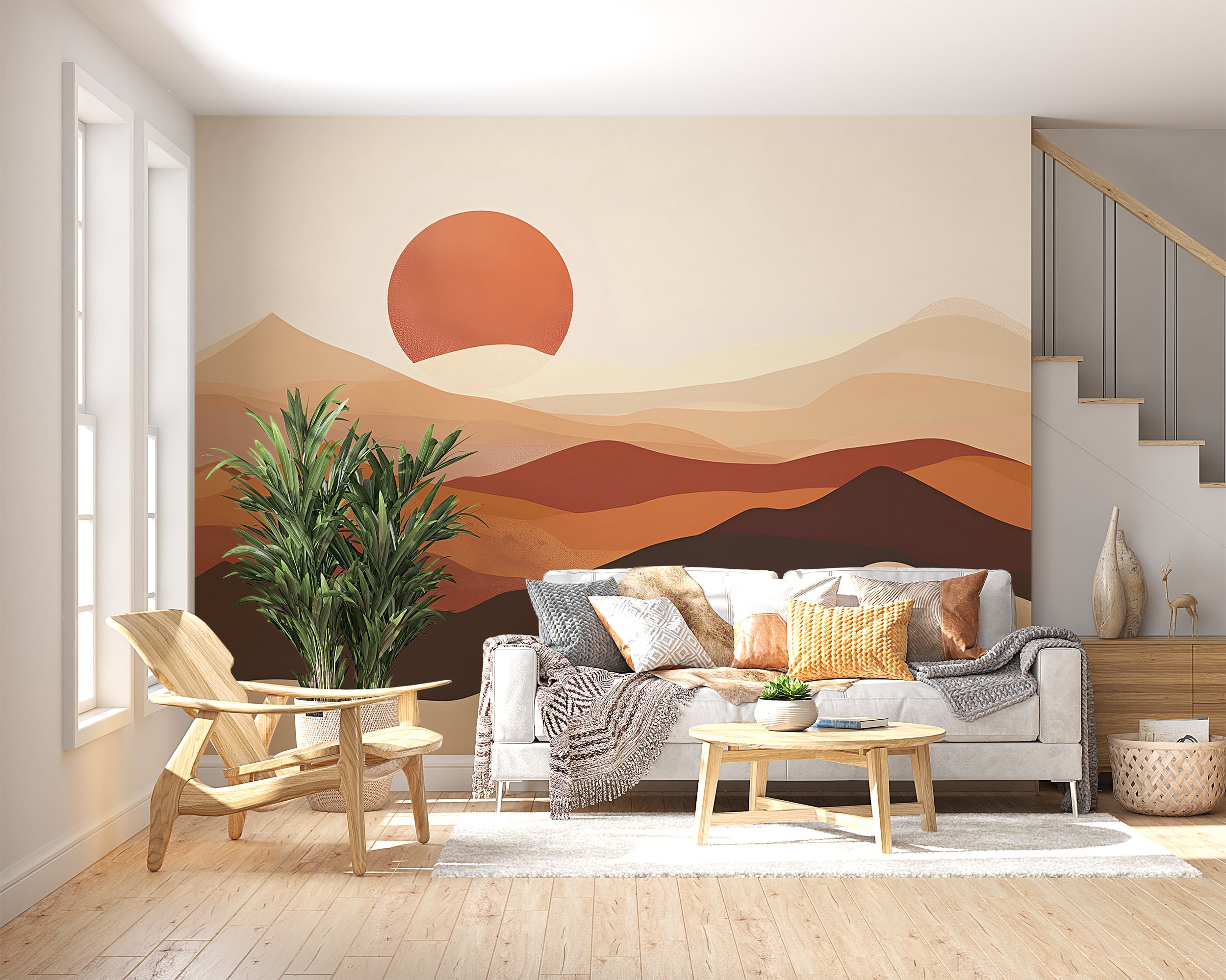 Minimalistic Desert Wall Mural, Peel and Stick Watercolor Sand Dunes Wallpaper, Abstract Mountain Sunset Mural, Beige and Brown Boho Mural