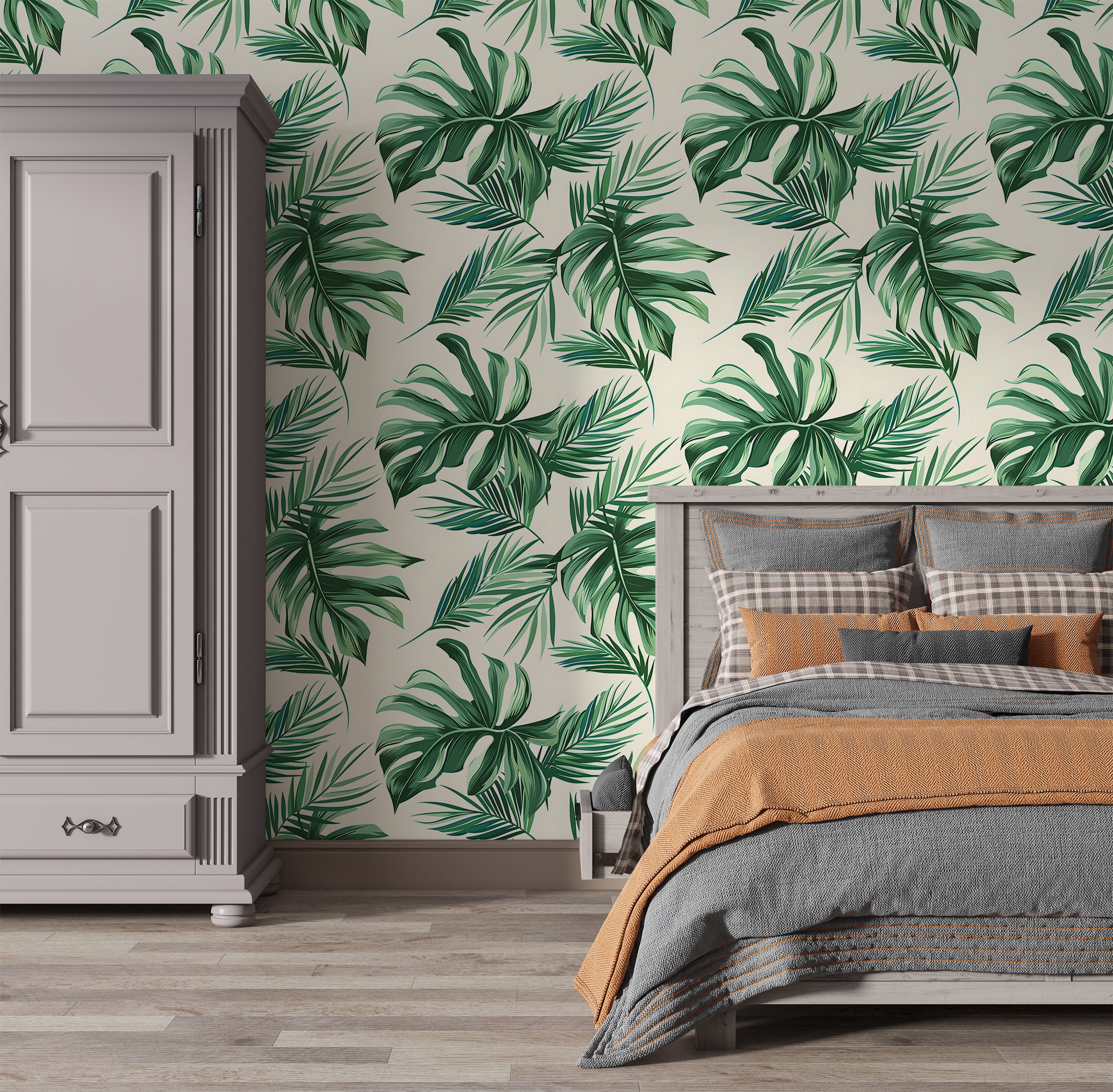 Palm Leaves Wallpaper, Green and Beige Tropical Wall Decal, Peel and Stick Palms Wallpaper, Removable Jungle Floral Wall Decor