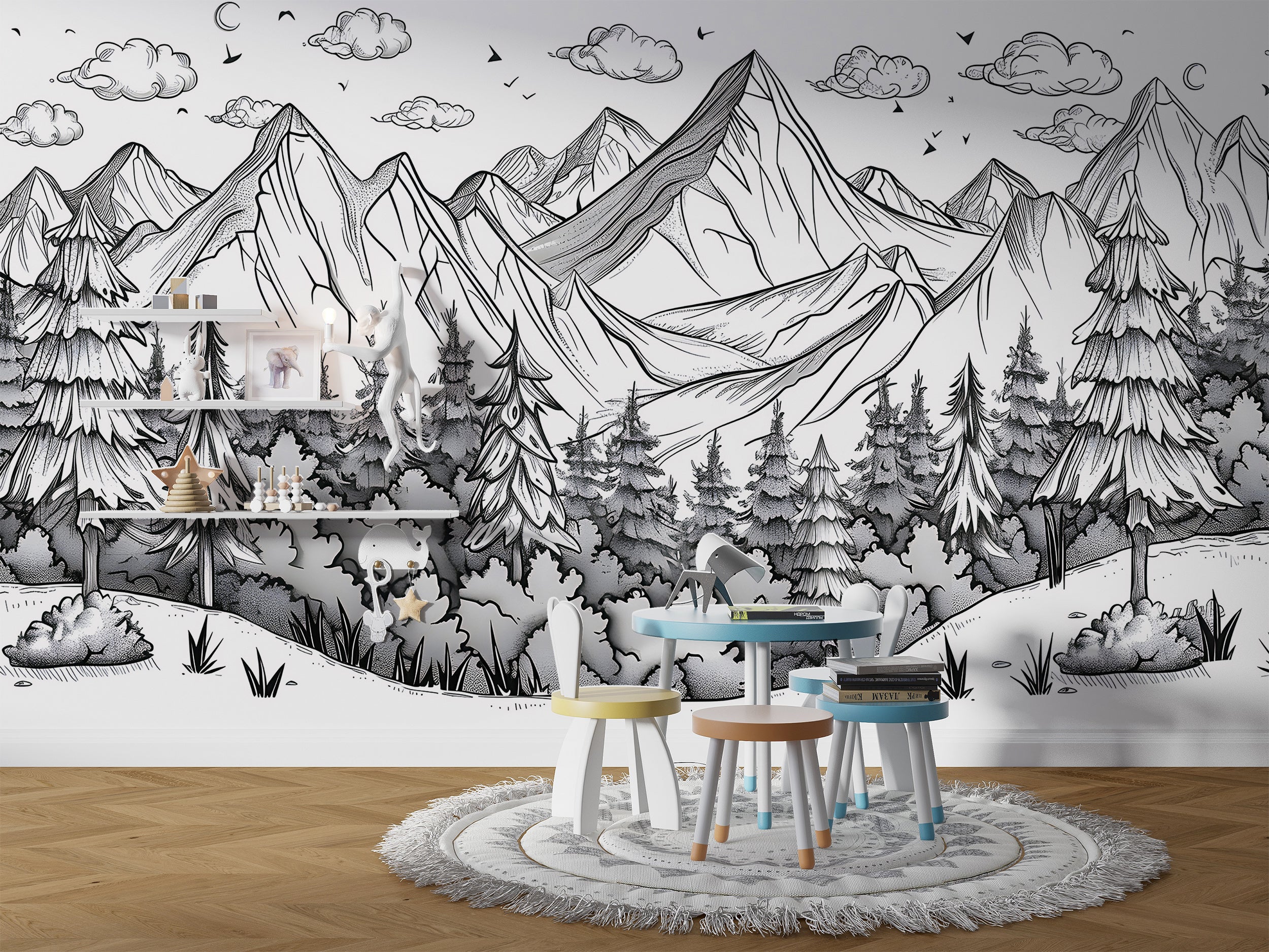 Mountains and Forest in Doodling Style Mural, Peel and Stick Nature Landscape Sketch Wallpaper, Black&White Cartoon Landscape Decor