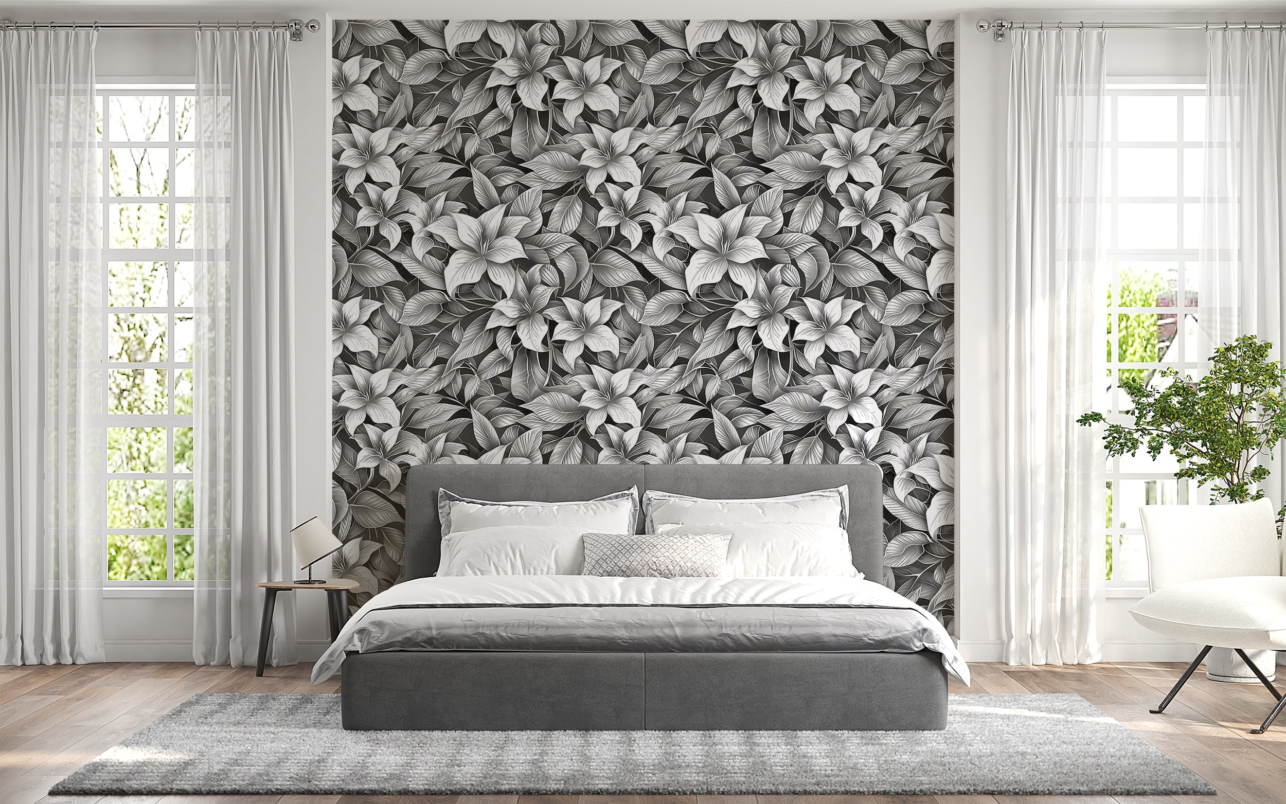 Stippling Style Floral Wallpaper, Peel and Stick Monochrome Flowers Decal, Black and White Floral Wallpaper, Removable Flower Pattern