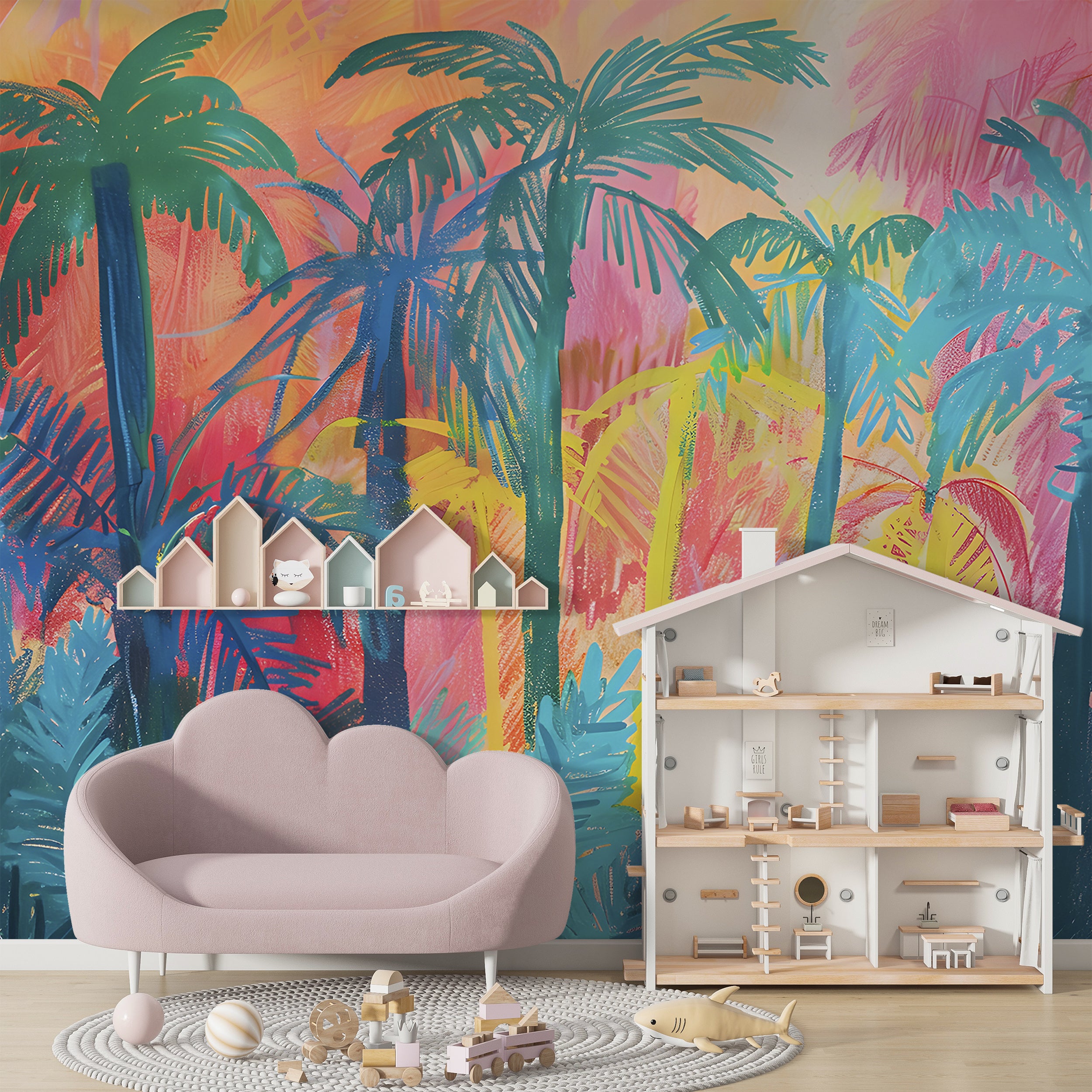 Colorful Palm Trees in Crayon Drawing Style Mural, Peel and Stick Tropical Wallpaper, PVC-free Abstract Palms Wall Mural, Nursery Decal