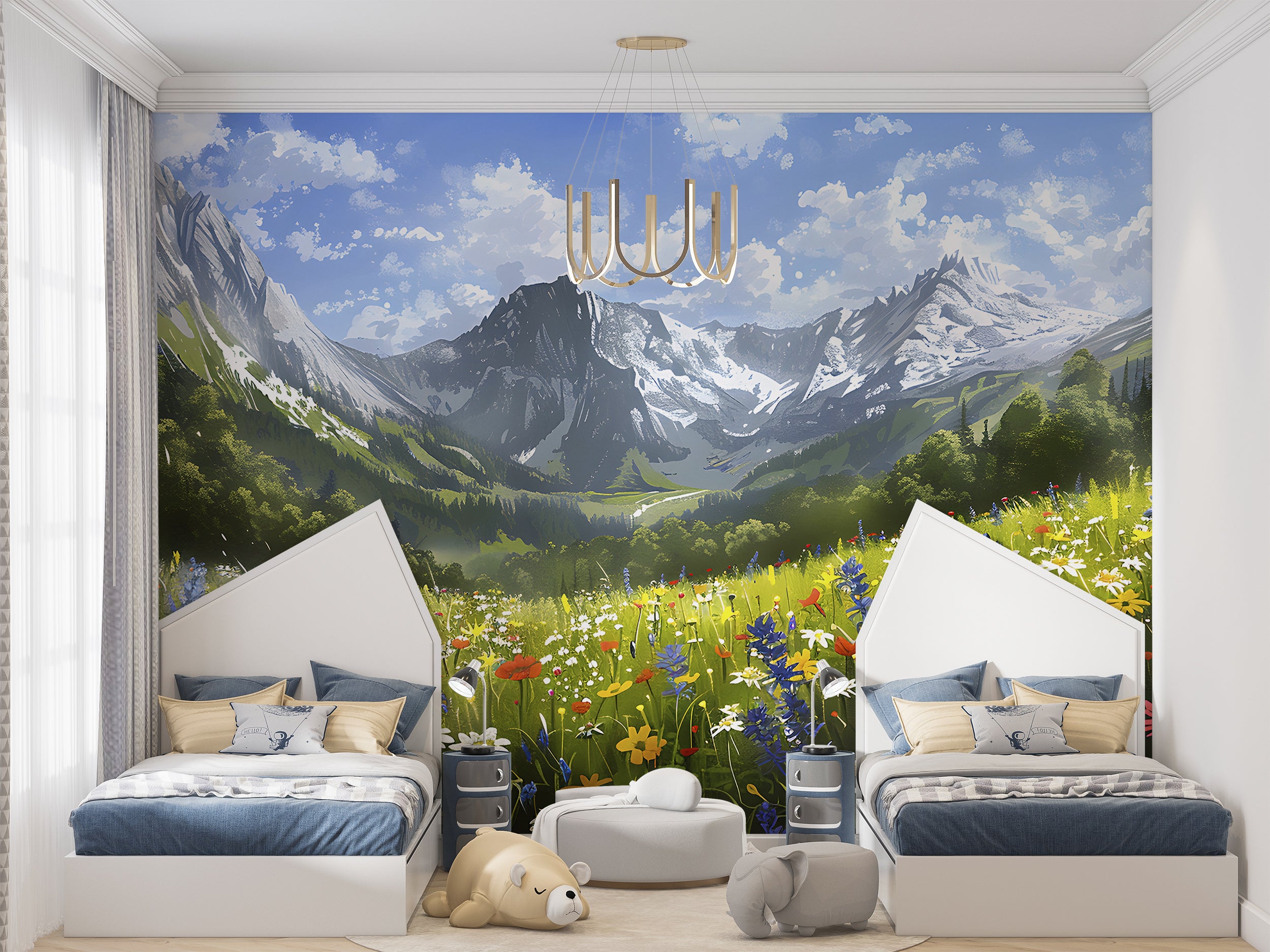 Colorful Flower Field Mural, Peel and Stick Mountain Wild Flower Field Wallpaper, Removable Nature Mural, Watercolor Floral Landscape Wall Decal
