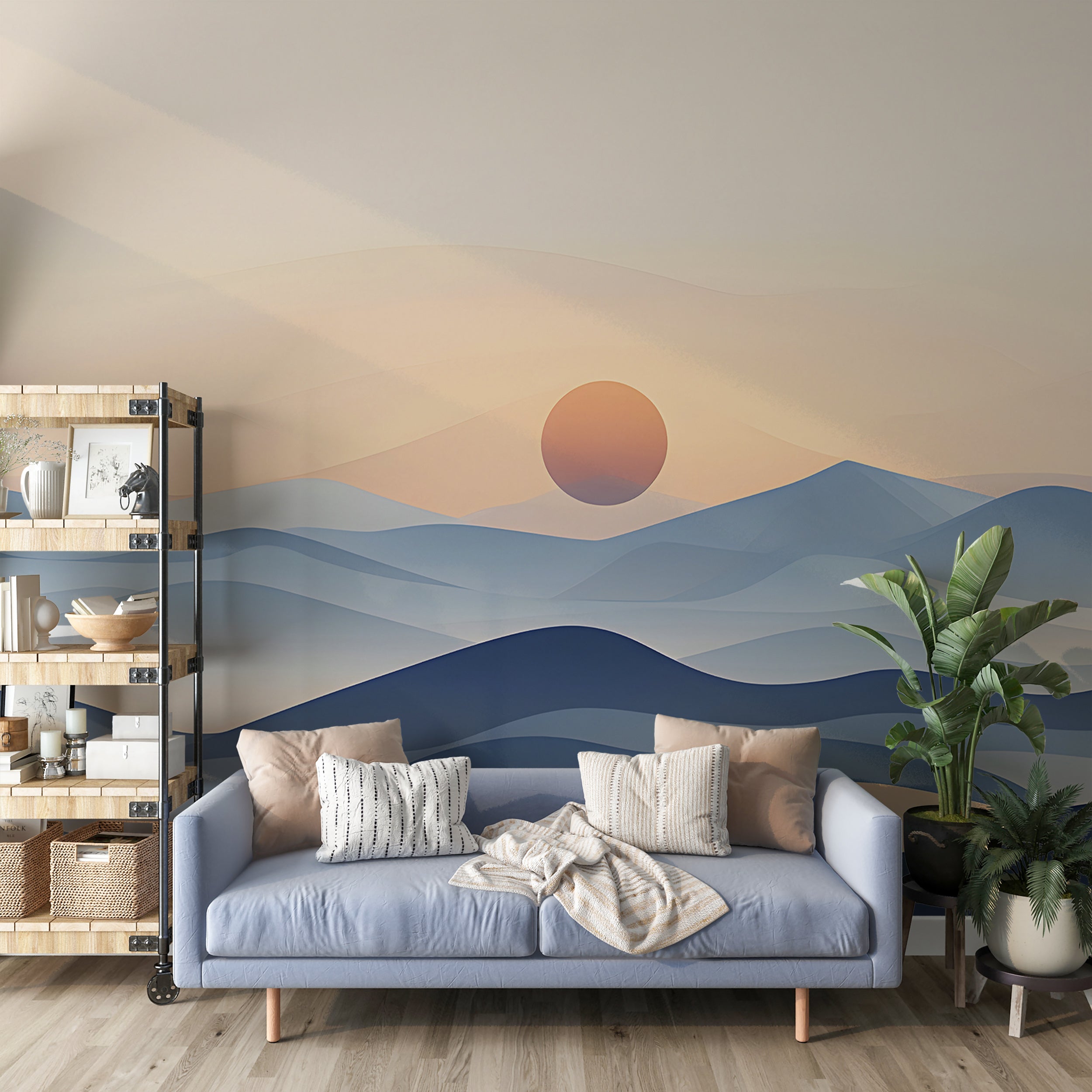 Minimalistic Abstract Blue Mountains Wall Mural, Watercolor Landscape Self-adhesive Wallpaper in Pastel Colors, Bathroom Accent Wall Art