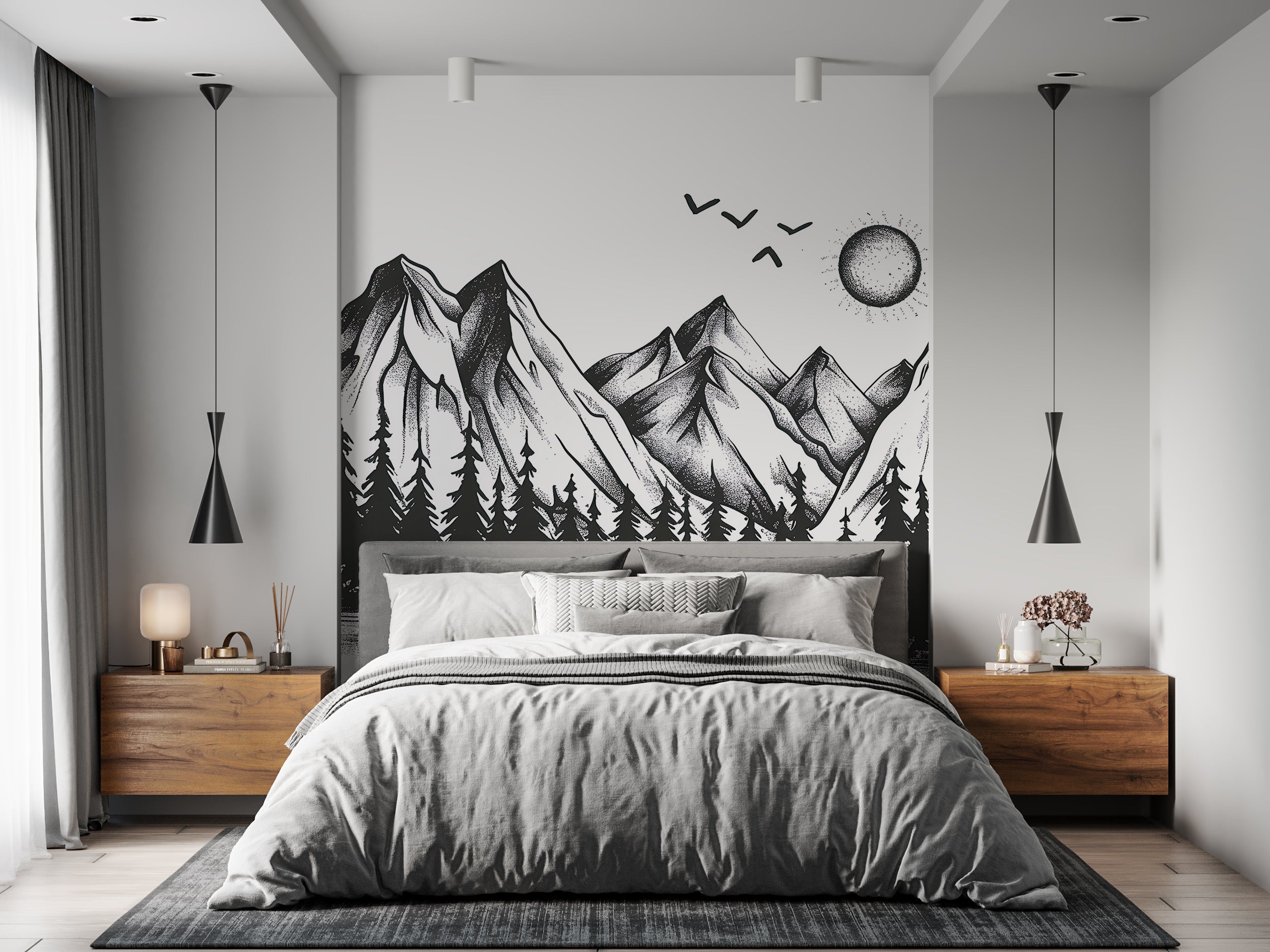 Mountains and Forest in Doodling Style Mural, Black and White Wild Nature Landscape Wallpaper, Peel and Stick Birds Sun Mountains Art