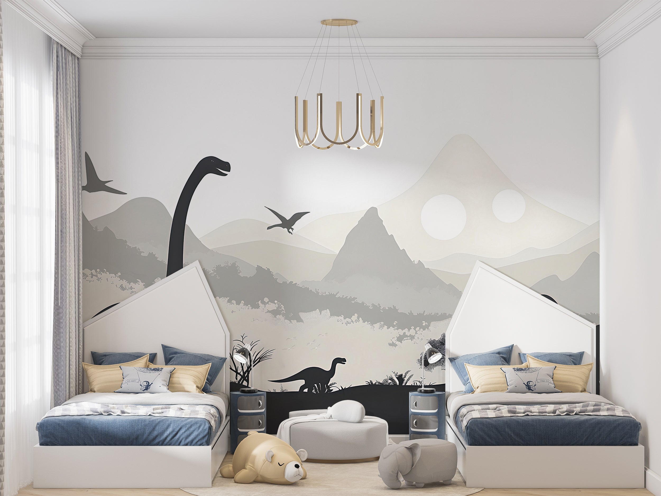 Dinosaurs Nursery Wall Mural, Ancient World Life Wallpaper, Peel and Stick Mountains Grey Playroom Mural, Custom Size Removable Decal