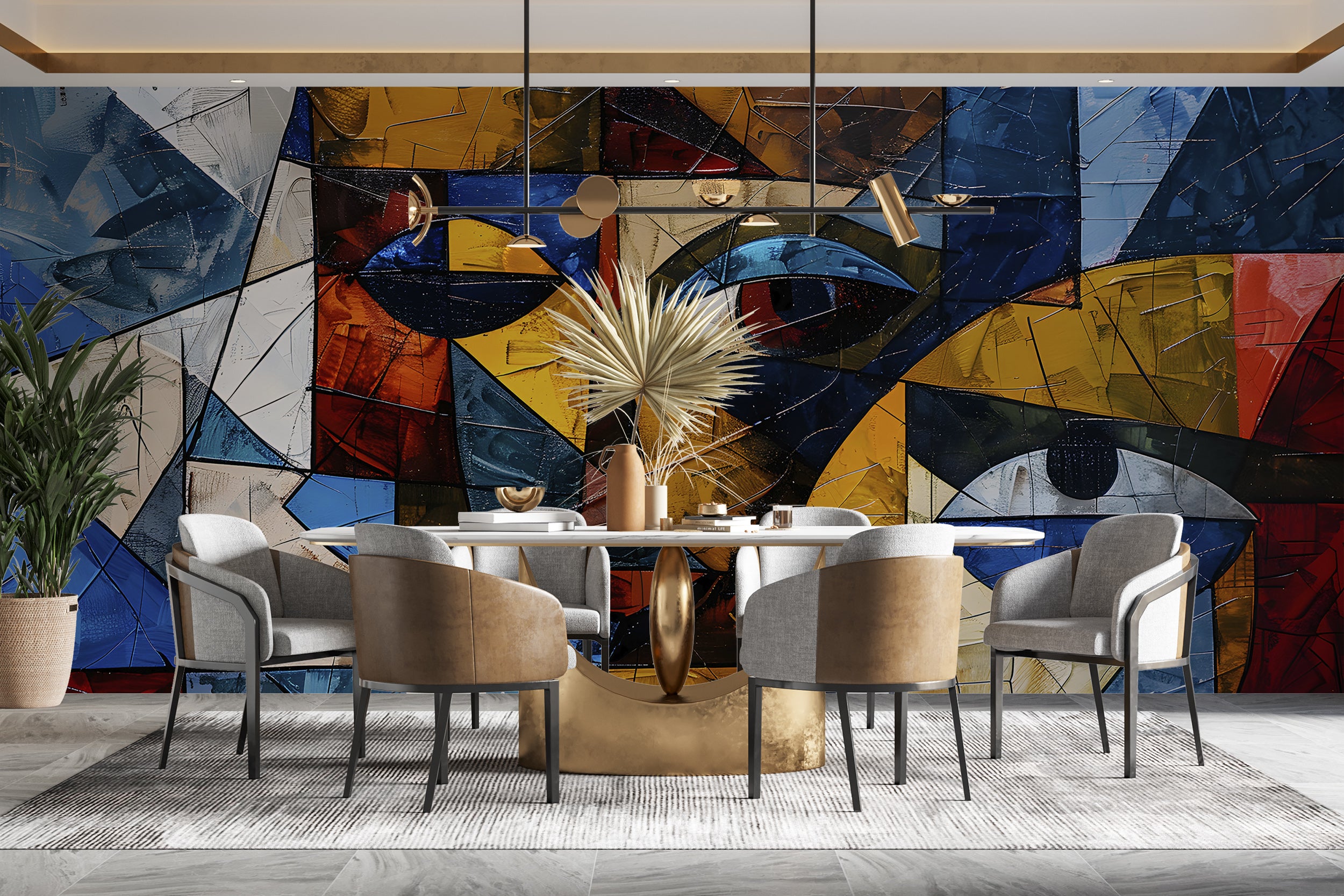 Abstract Mural in Cubism Style, Peel and Stick Colorful Modern Wallpaper, Removable Abstract Faces Wall Decal, Accent Wall Art
