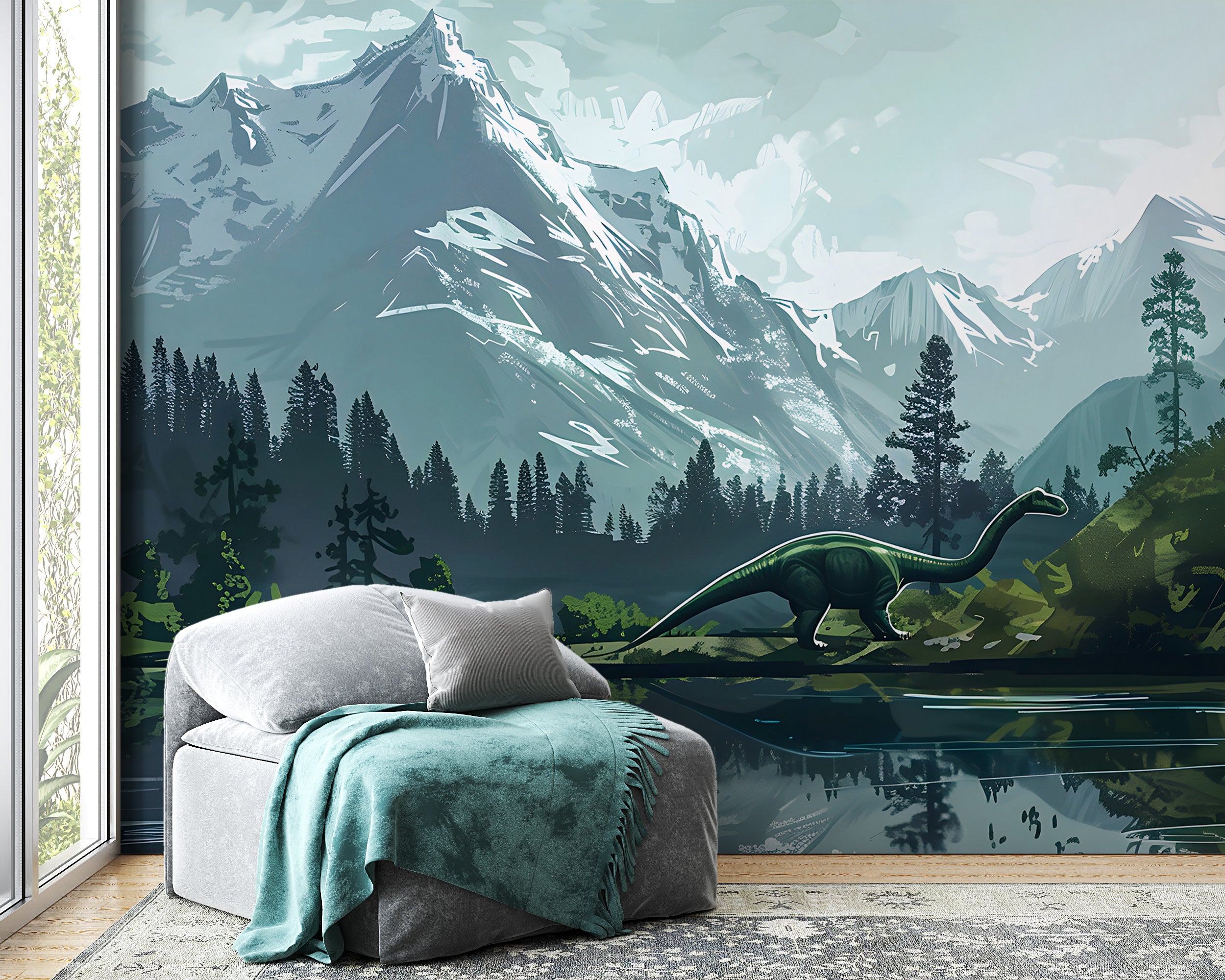 Watercolor Mountains and Forest Mural, Dinosaur Wall Mural, Nursery Peel and Stick Wild Nature Landscape, Removable Decal