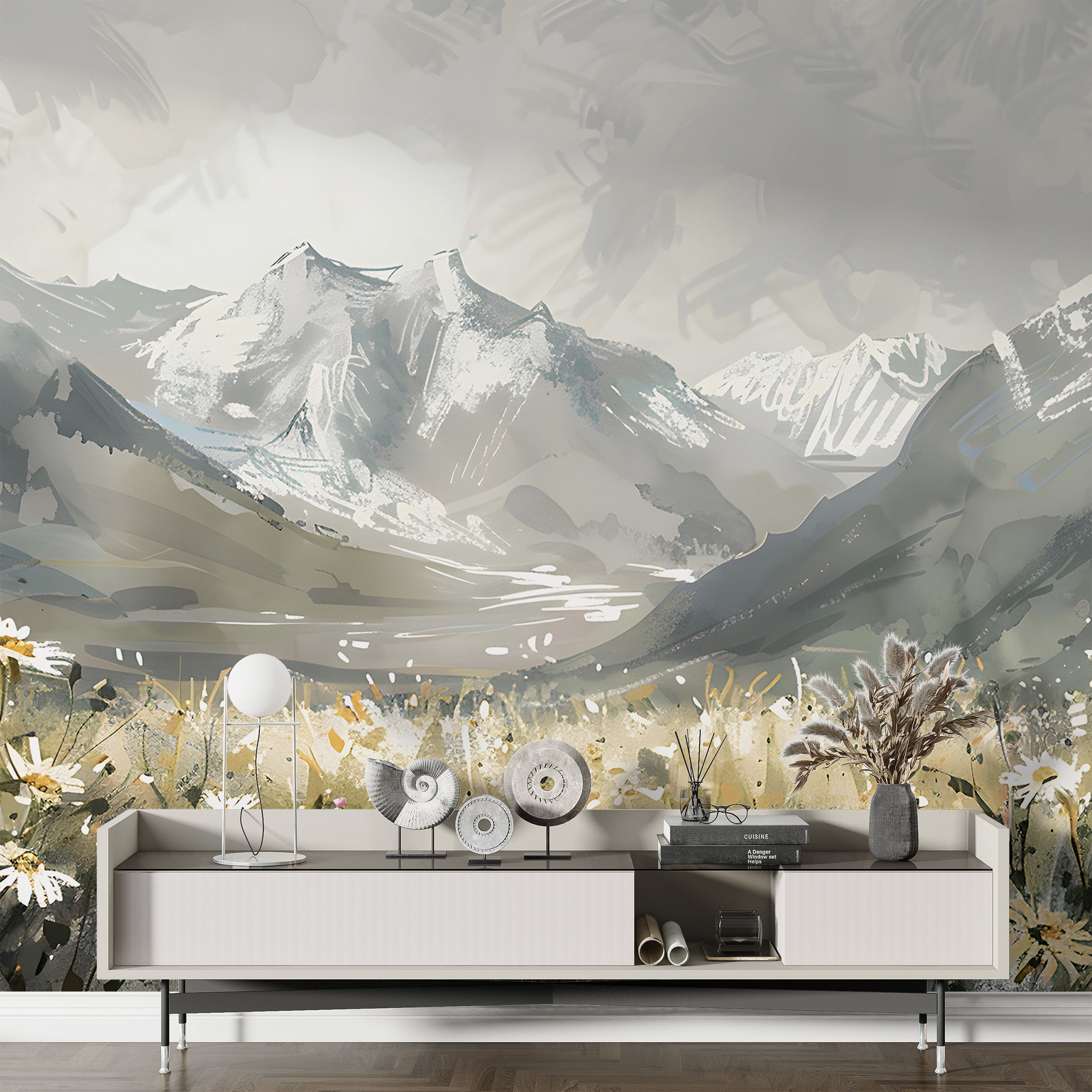 Watercolor Mountain Field Mural, Meadow Flowers in Natural Colors Wallpaper, Peel and Stick Wild Nature Landscape Mural, Grey Mountains Decal