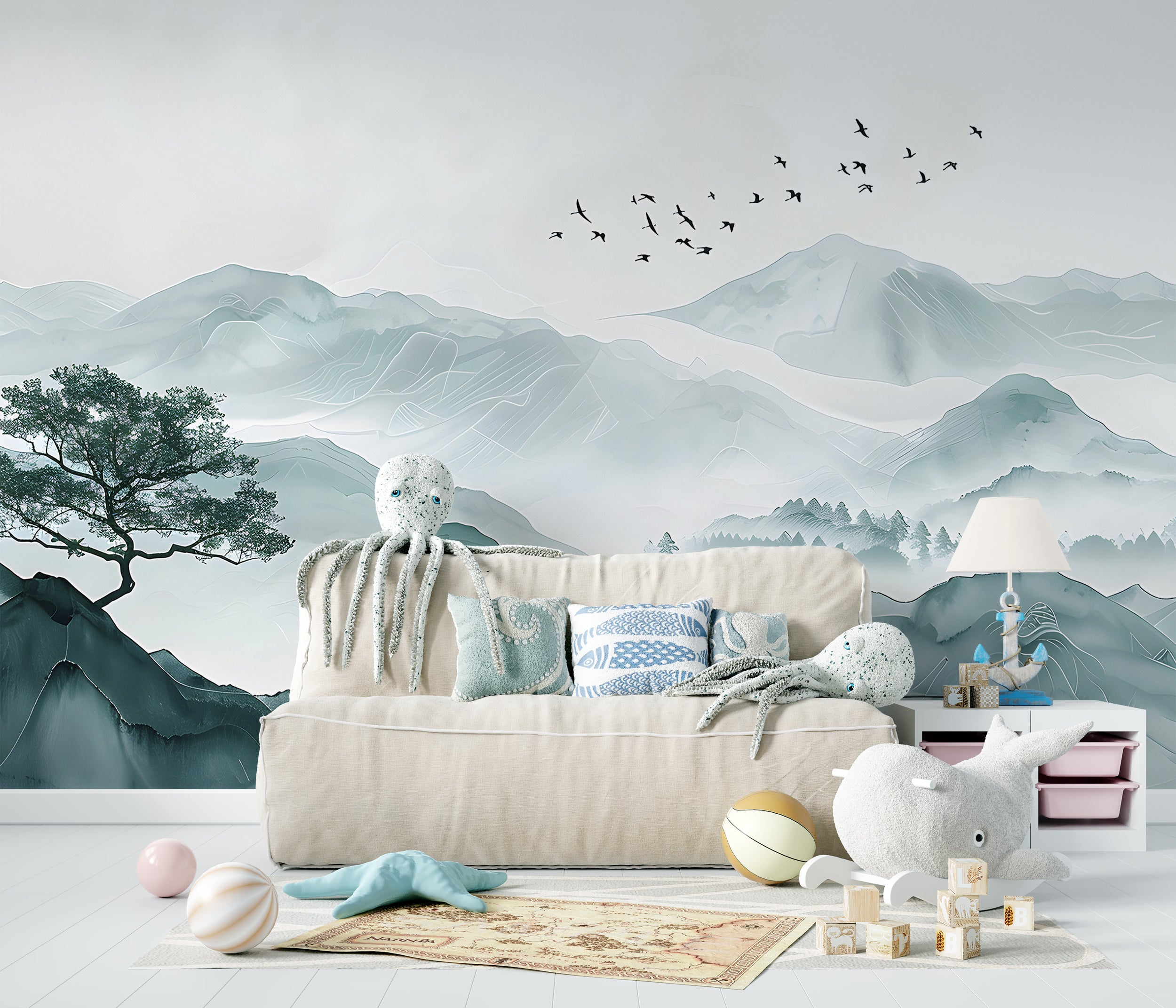 Bird Swallow and Mountains Mural, Peel and Stick Soft Green Misty Mountain Landscape Wallpaper, Abstract Foggy Nature Wall Decal