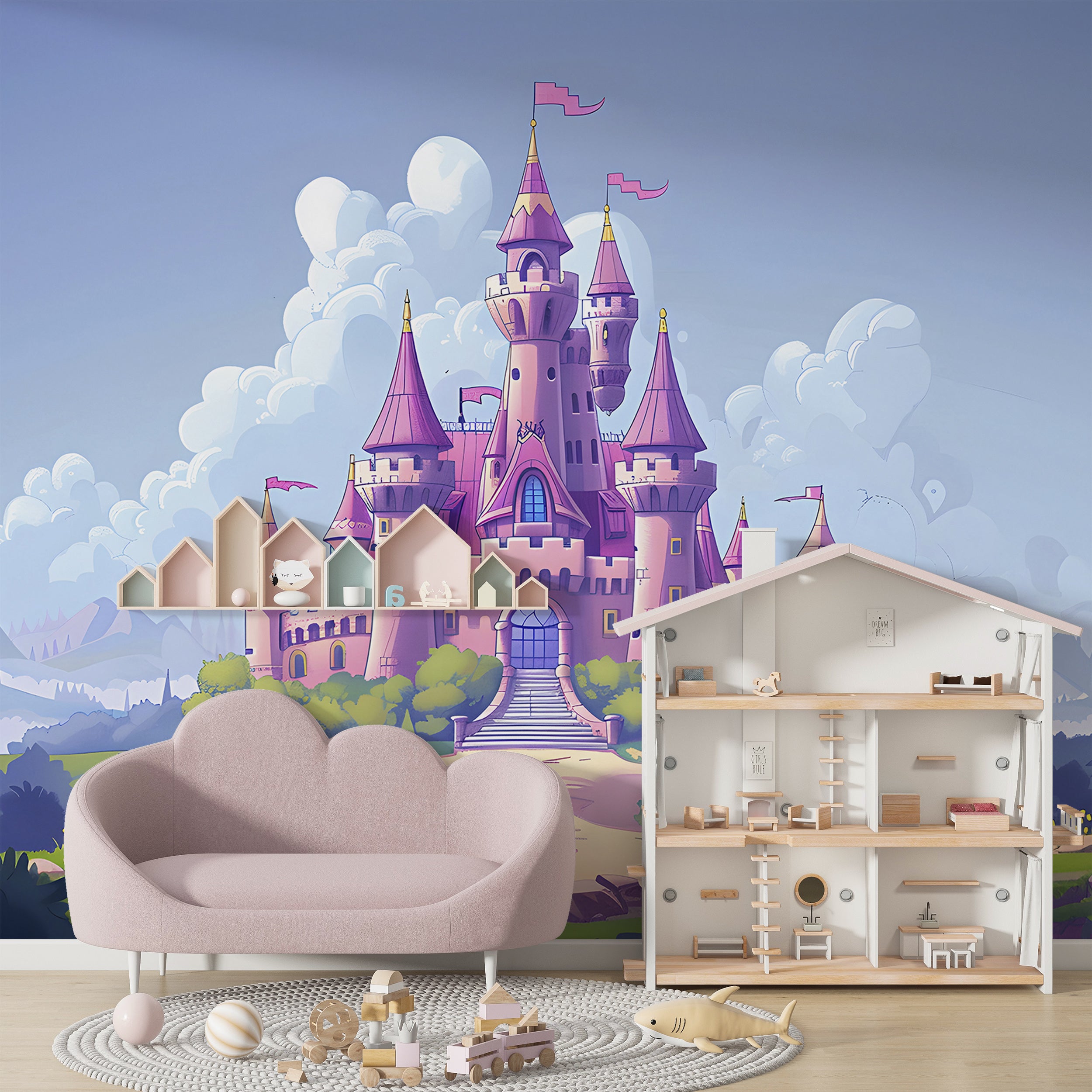 Pink Princess Castle Mural, Peel and Stick Nursery Dreamy Castle Wallpaper, Cartoon Style Kids Room Colorful Castle, PVC free Removable Decal
