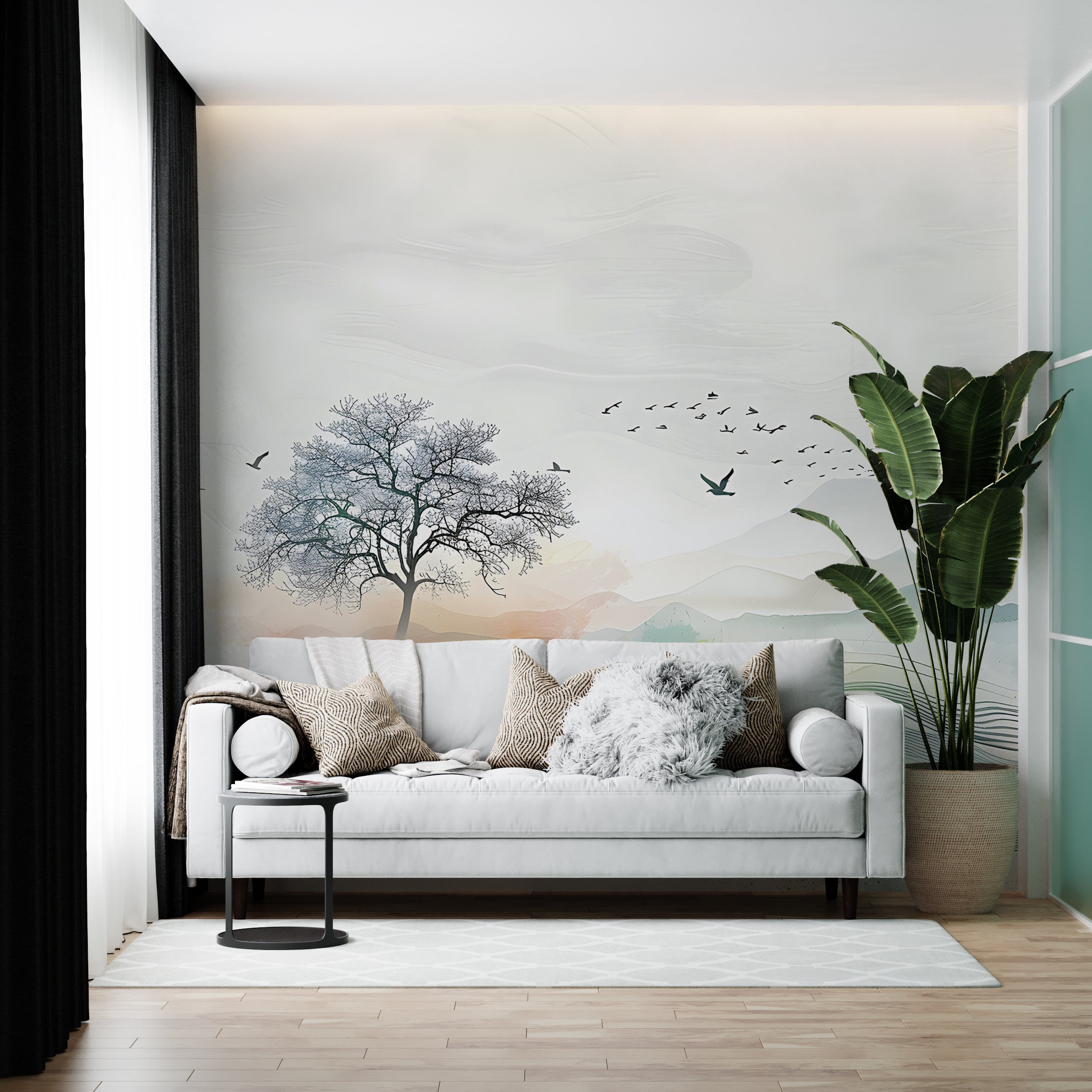 Abstract Landscape Wall Mural, Watercolor Nature Mural, Colorful Landscape Tree and Birds Wallpaper, Peel and Stick Minimalistic Wall Art