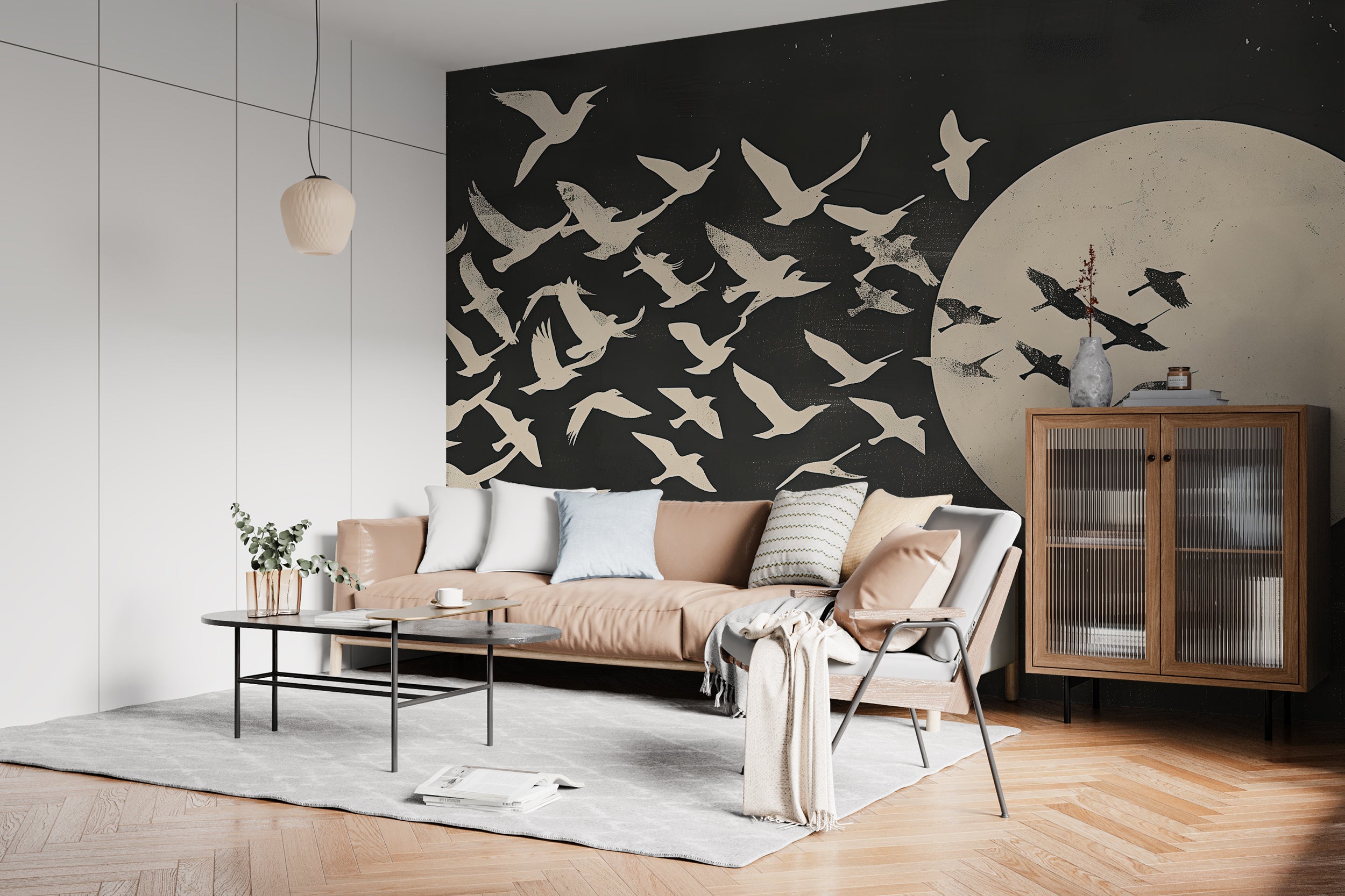 Abstract Birds Swallow Mural, Black and White Abstract Wallpaper, Peel and Stick Japanese Birds and Sun Art, Removable Two-Color Decor