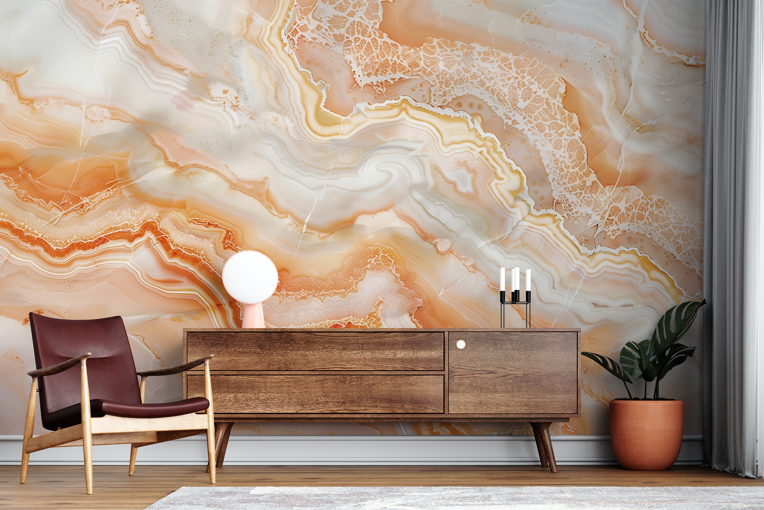Orange Marble Mural, Peel and Stick Abstract Accent Wall Wallpaper, Removable Peach Marble Art, Alcohol Ink Decor