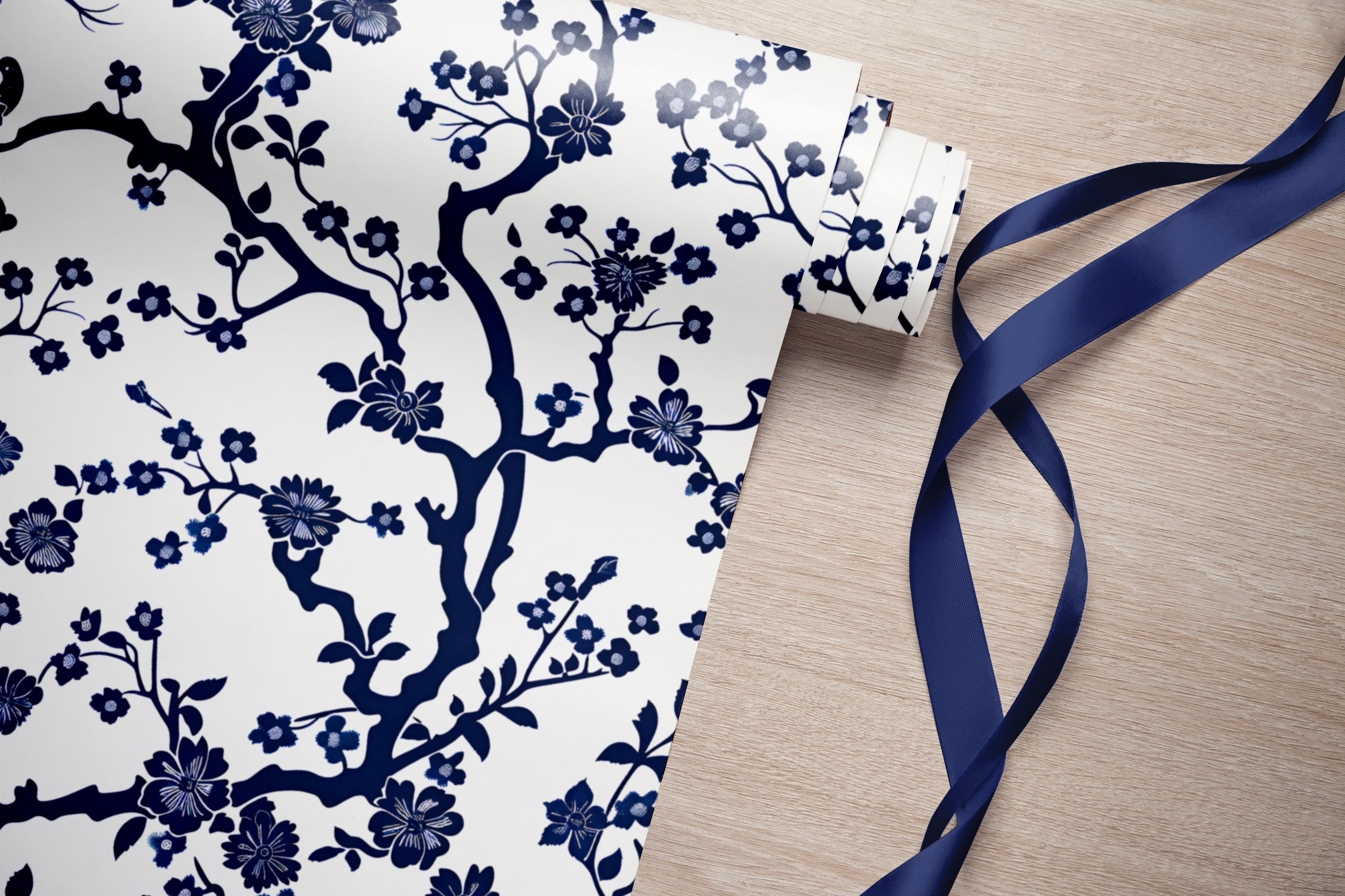 Blue and White Floral Wallpaper, Peel and Stick French Style Botanical Decor, Small Flowers and Branches Wallpaper, Removable Blue Floral