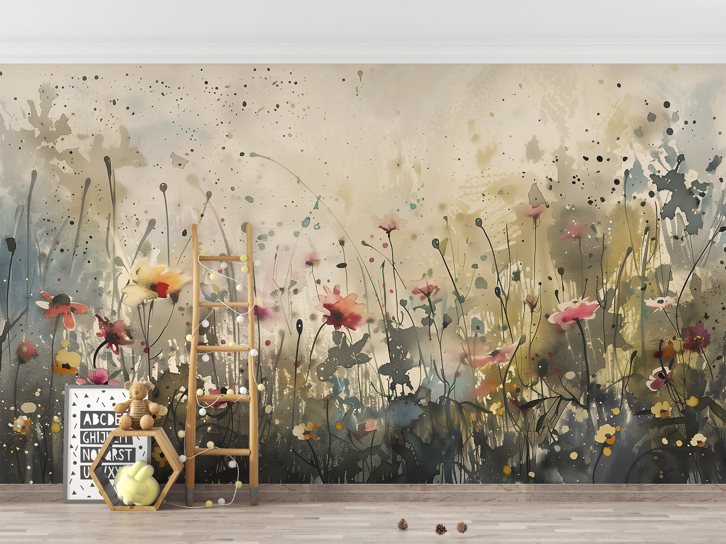 Abstract Watercolor Flower Field Mural, Peel and Stick Meadow Flowers Wallpaper, Removable Wild Floral Wall Decor, Beige Botanical Mural