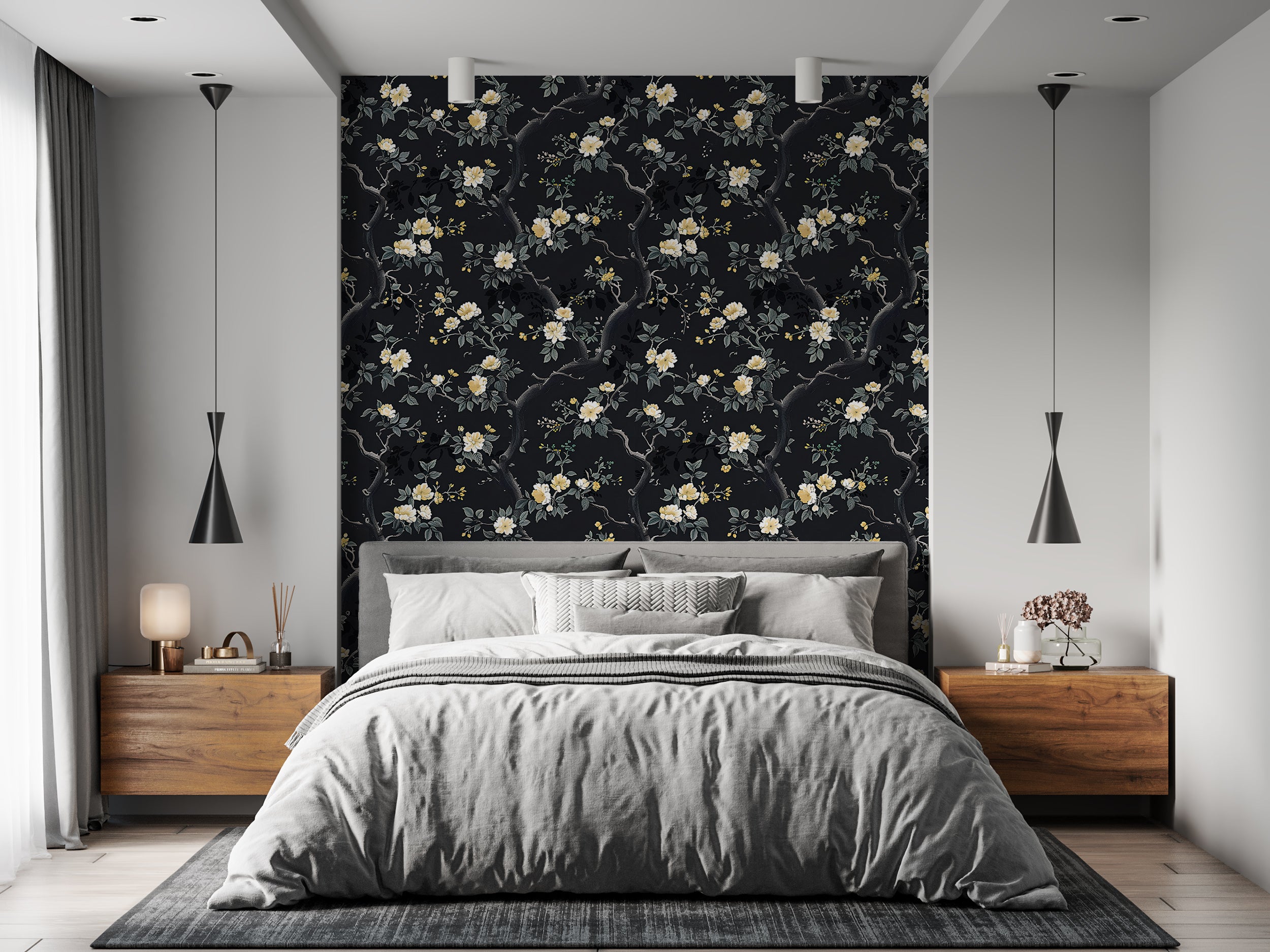 Black Chinoiserie Wallpaper, Peel and Stick Dark Floral, Removable Dark Leaves and Branches Wallpaper, Small Flowers Wallpaper