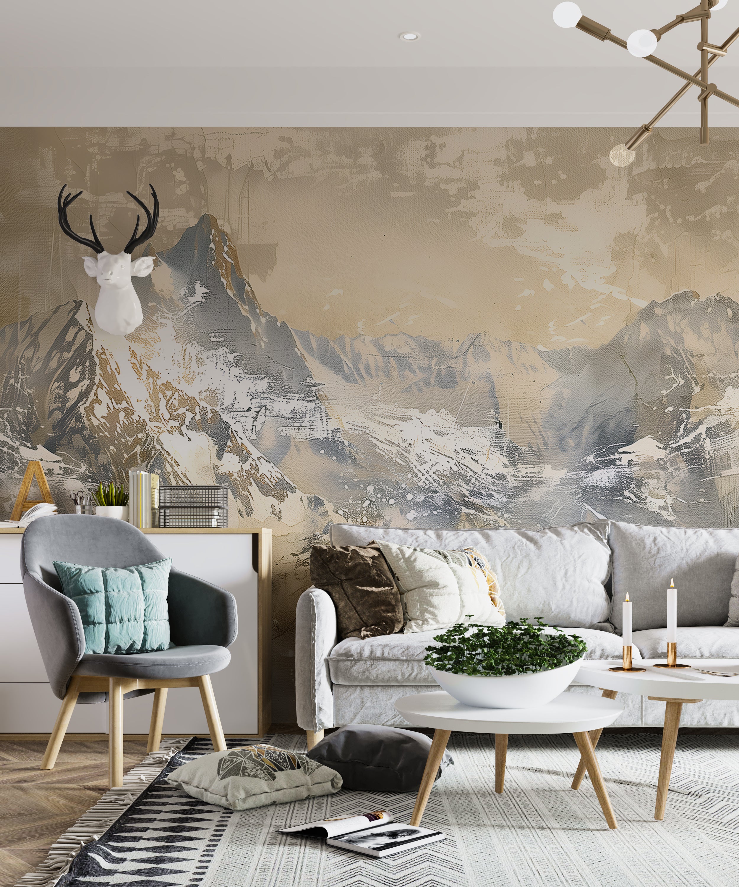 Abstract Beige Mountains Mural, Peel and Stick Watercolor Landscape Wallpaper, Removable Accent Wall Oil Painting Mountains Decor