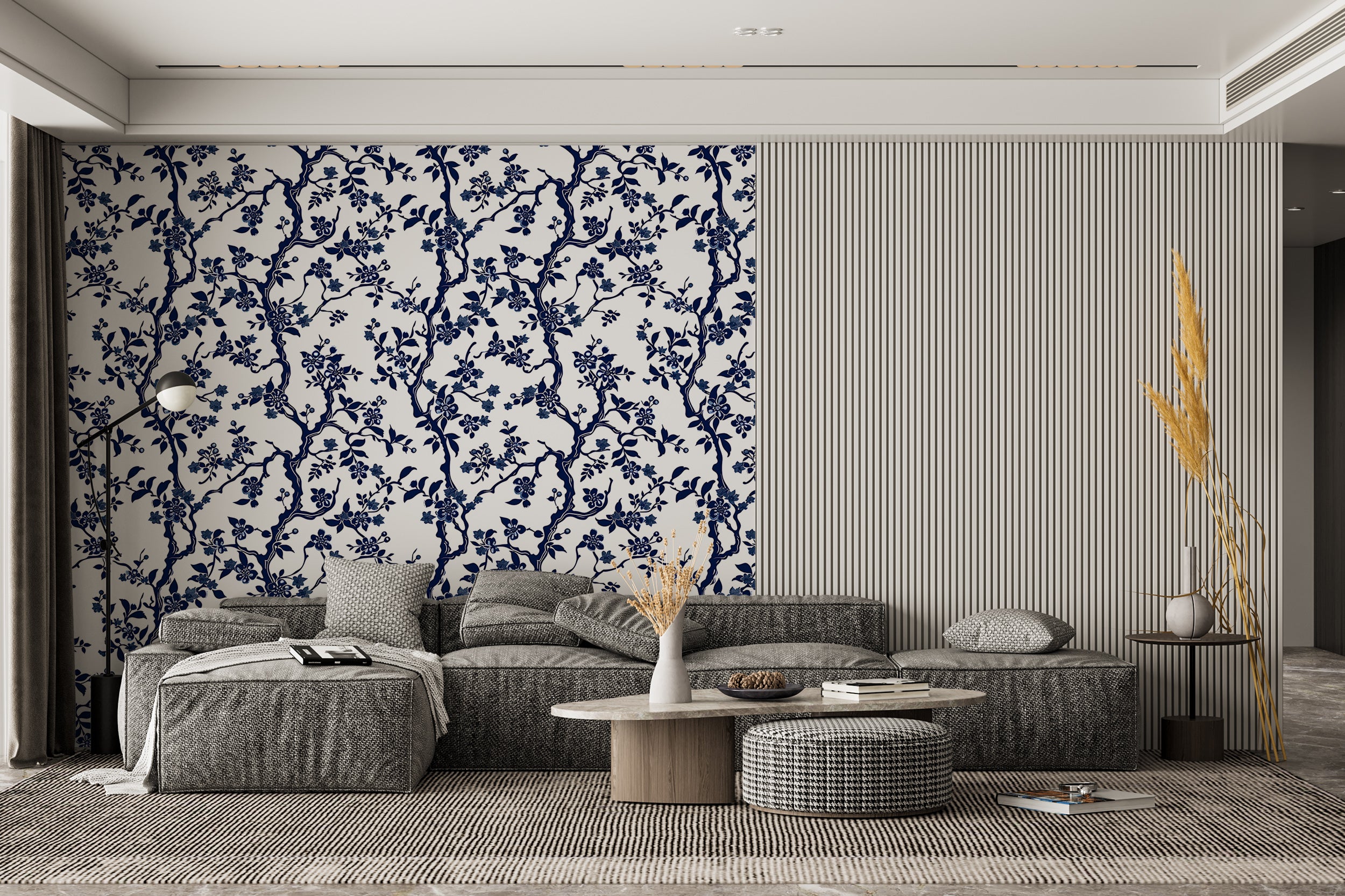 Blue Branches with Leaves and Flowers Wallpaper, Peel and Stick Blossom Tree Wallpaper, Blue and White Botanical, Chinoiserie Floral Decor