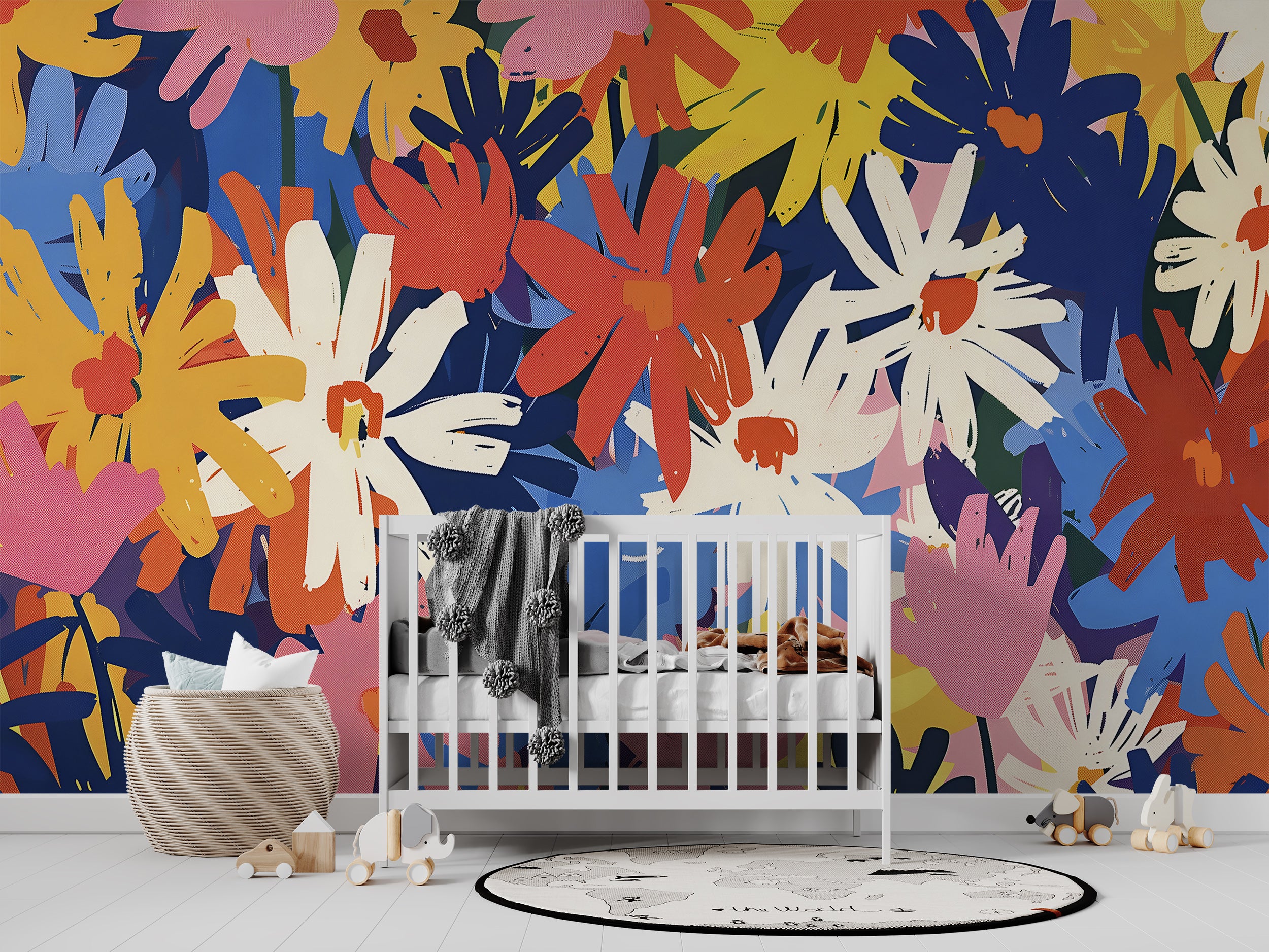 Colorful Daisies Wallpaper, Peel and Stick Abstract Floral Art, Removable Meadow Flowers Wall Mural, Nursery Colorful Botanical Wall Decor