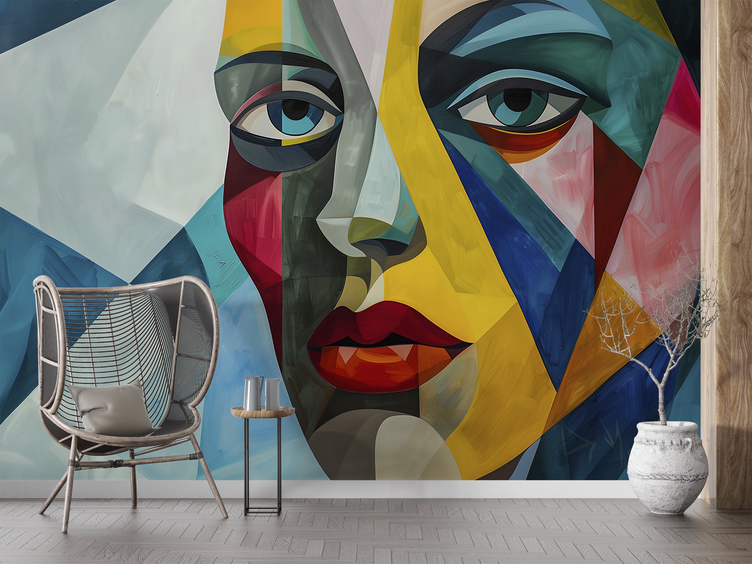 Abstract Cubism Wallpaper, Peel and Stick Abstract Face Mural, Removable Colorful Geometrical Wallpaper, Shapes Modern Art