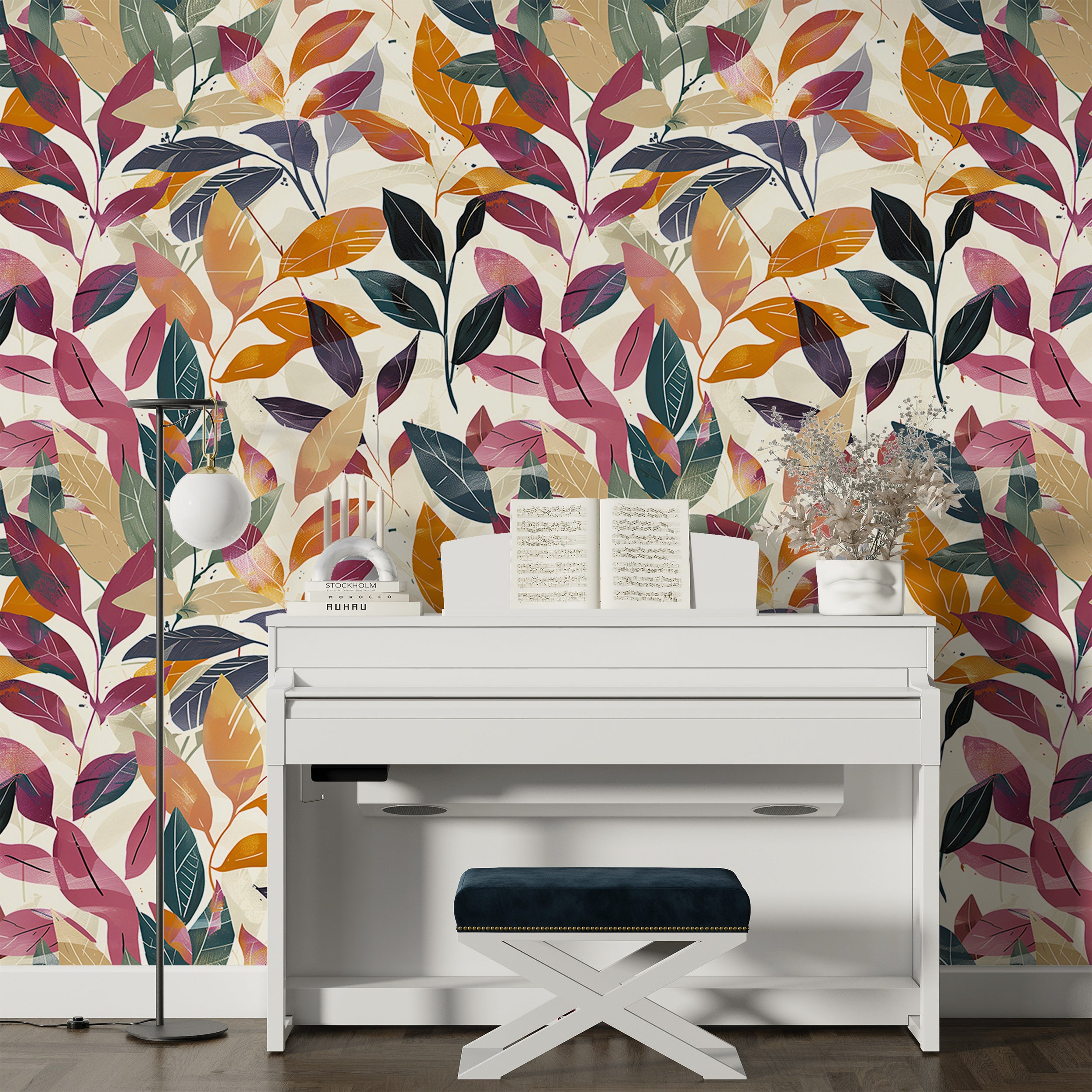 Autumn Leaves Wallpaper, Peel and Stick Colorful Leaf Wallpaper, Removable Red and Orange Botanical Wall Decor