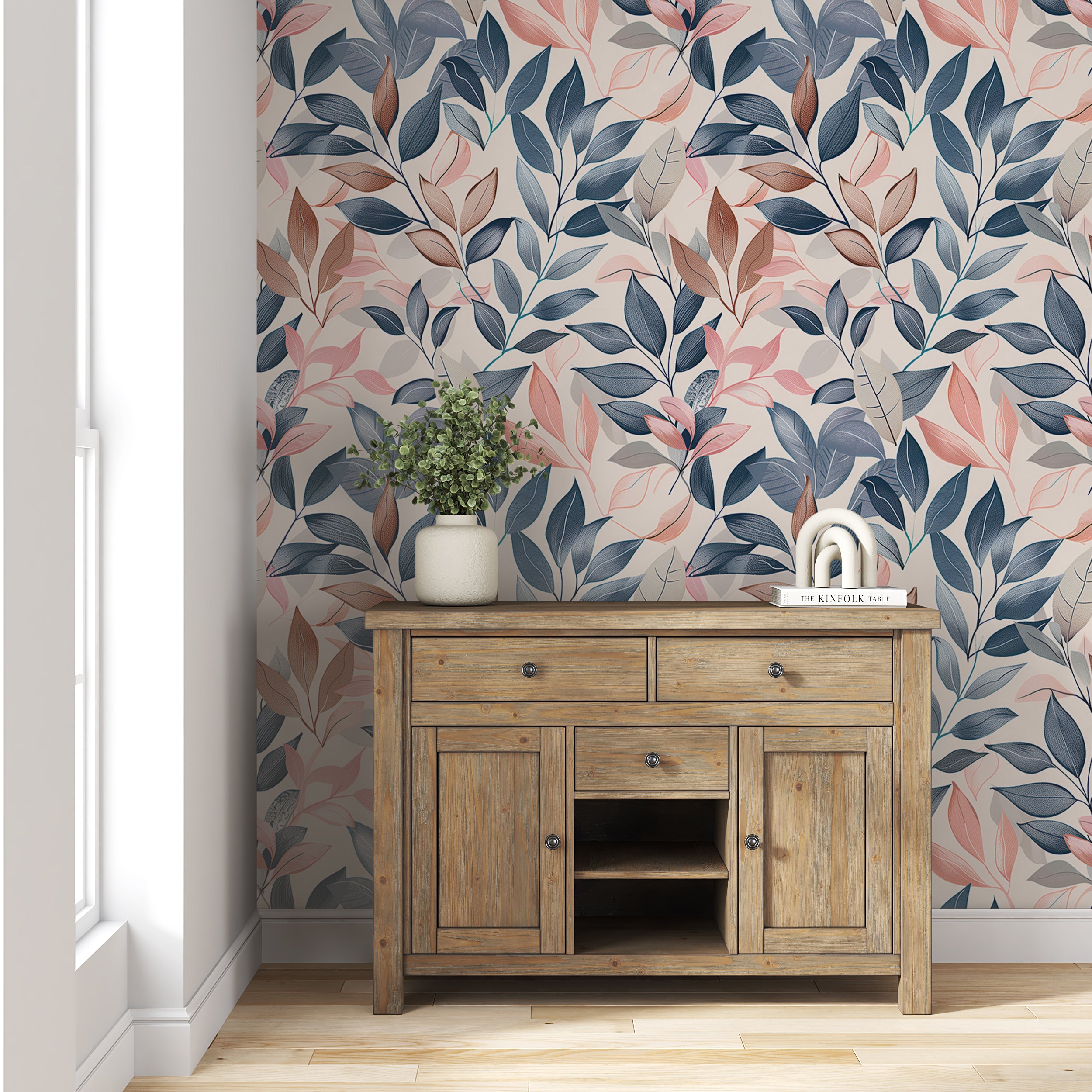 Blue and Pink Leaves Wallpaper, Peel and Stick Pastel Colors Botanical Wallpaper, Soft Leaf Wall Decorv