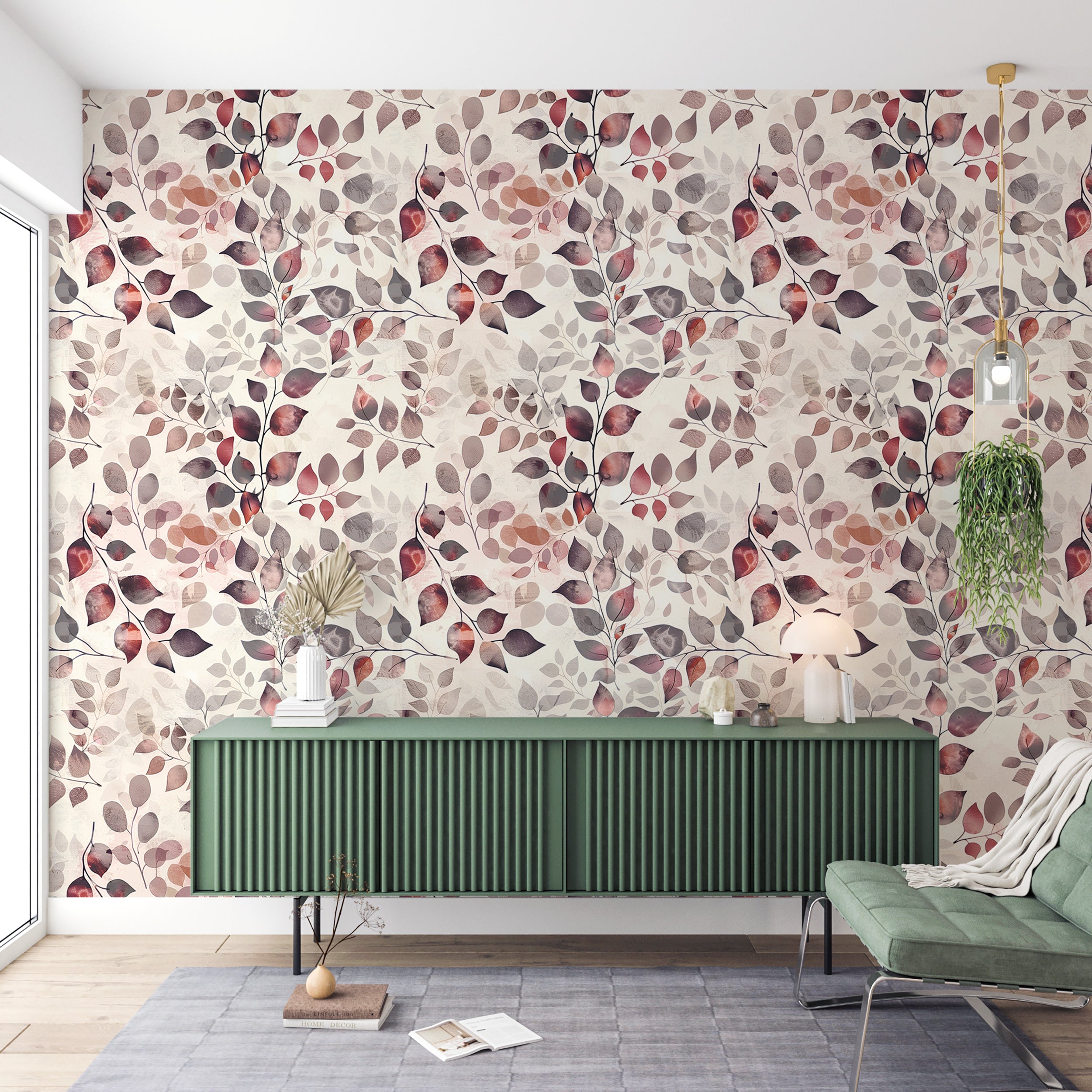 Pastel Red Leaves Wallpaper, Peel and Stick Removable Autumn Wall Decor, Soft Red Botanical Wallpaper, Watercolor Floral Wall Art