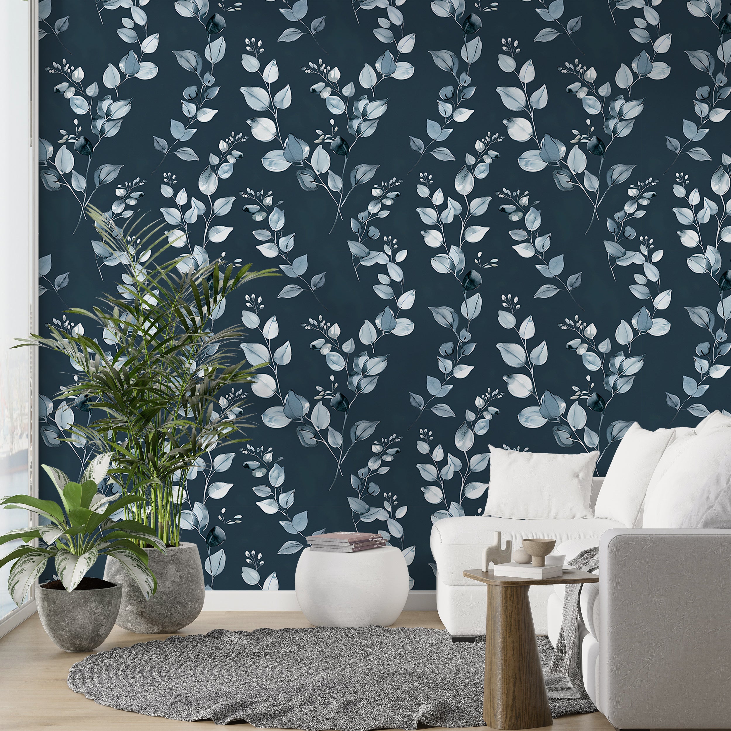 Dark Blue Botanical Wallpaper, Watercolor Grey Leaves Wallpaper, Peel and Stick Silver and Blue Wall Decor, Minimalistic Blue Leaf Pattern