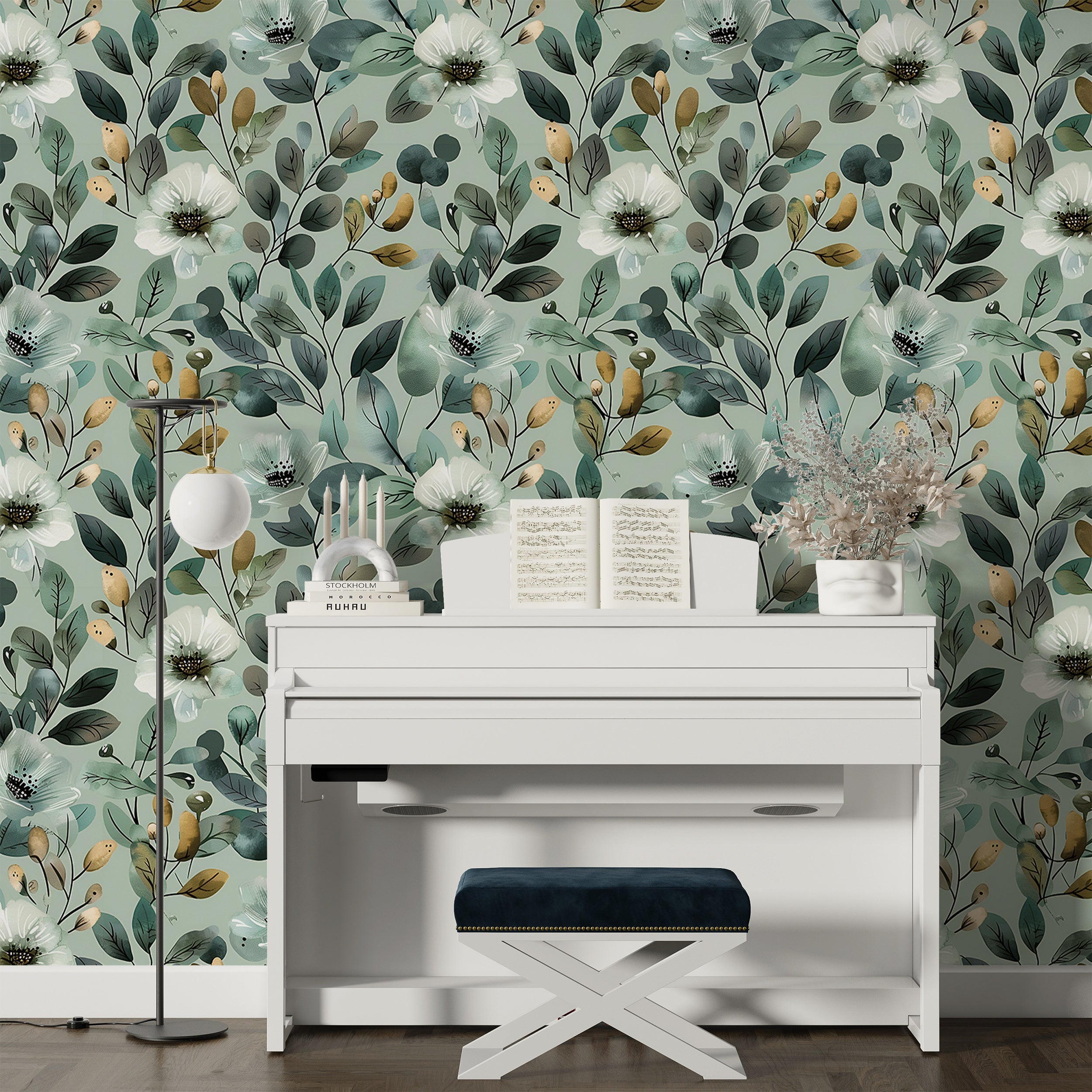 Soft Green Botanical Wallpaper, Peel and Stick Green Leaves Pattern Wall Decor, White Flowers Wallpaper, Removable Greenery, Nature Art