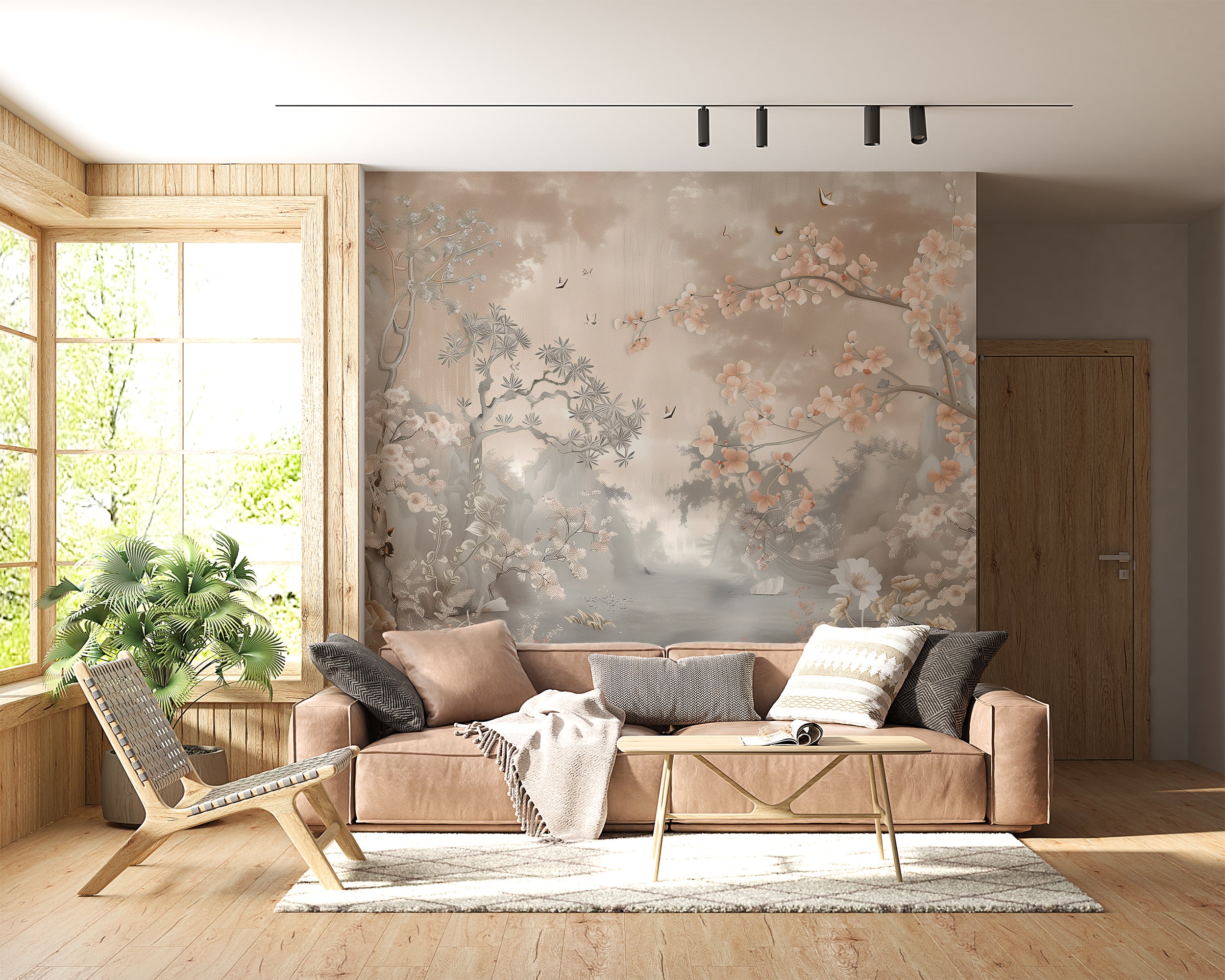Dusty Rose Chinoiserie Wall Mural, Soft Pink Japanese Forest Mural, Peel and Stick Sakura Tree Wallpaper, Blossom Forest Wall Decor