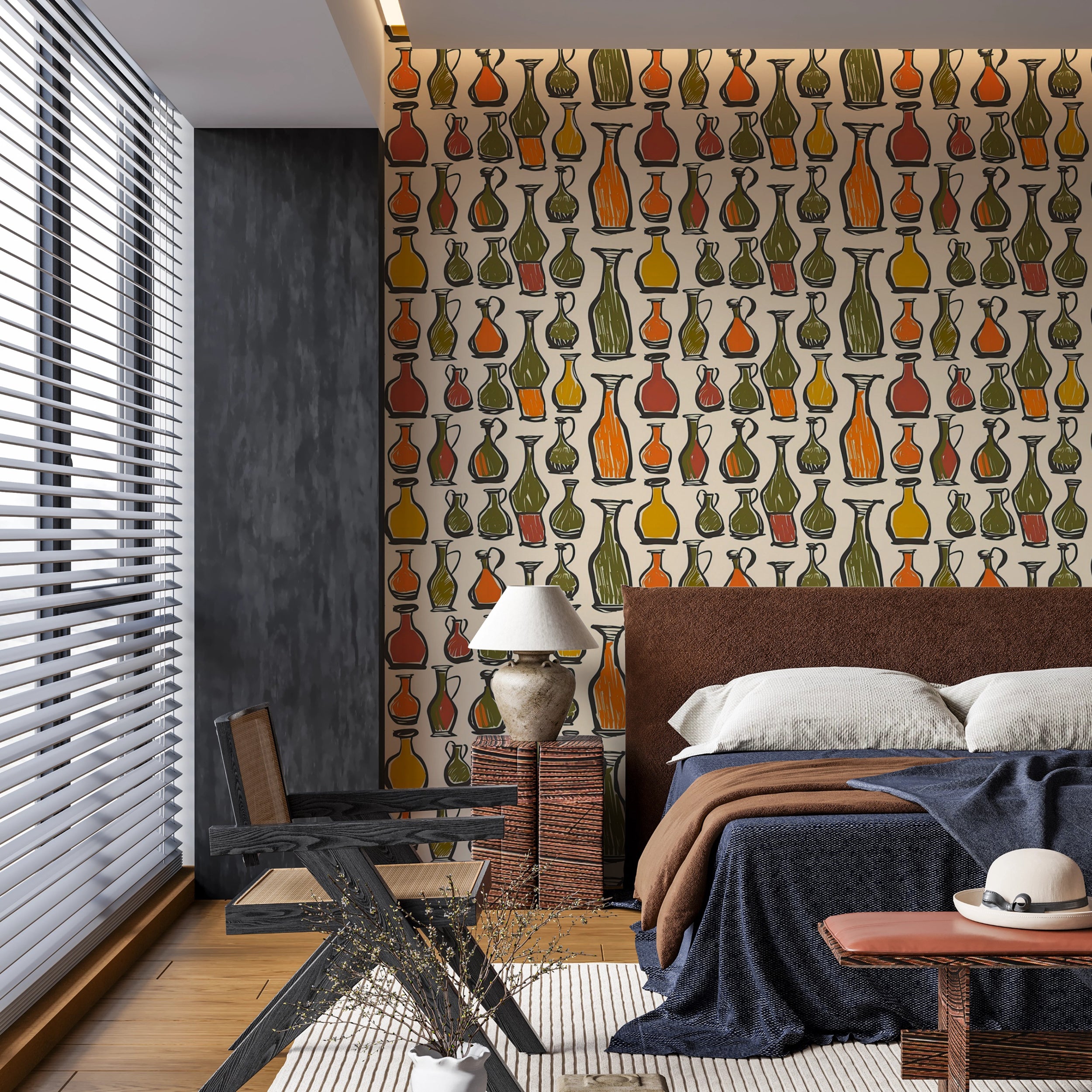 Colorful Vases and Bottles Wallpaper, Peel and Stick Abstract Accent Wallpaper, Green and Orange Modern Art