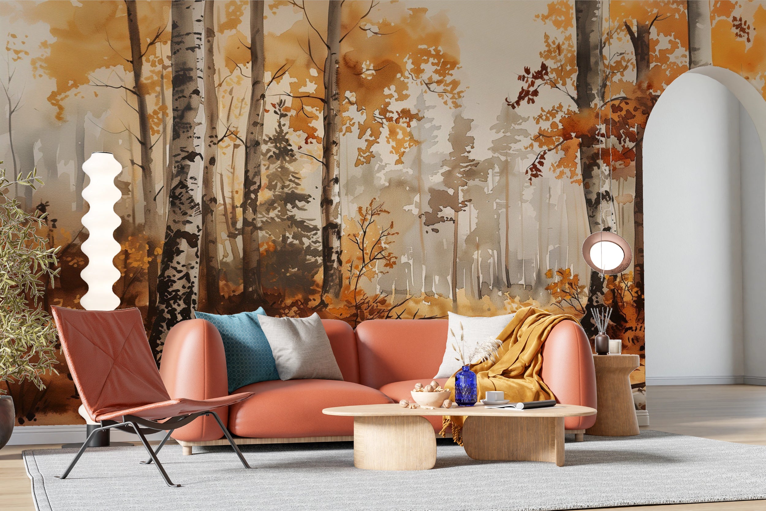 Birch Grove Wall Mural, Autumn Forest Wallpaper, Peel and Stick Orange Forest Art, Removable Colorful Nature Wall Decor