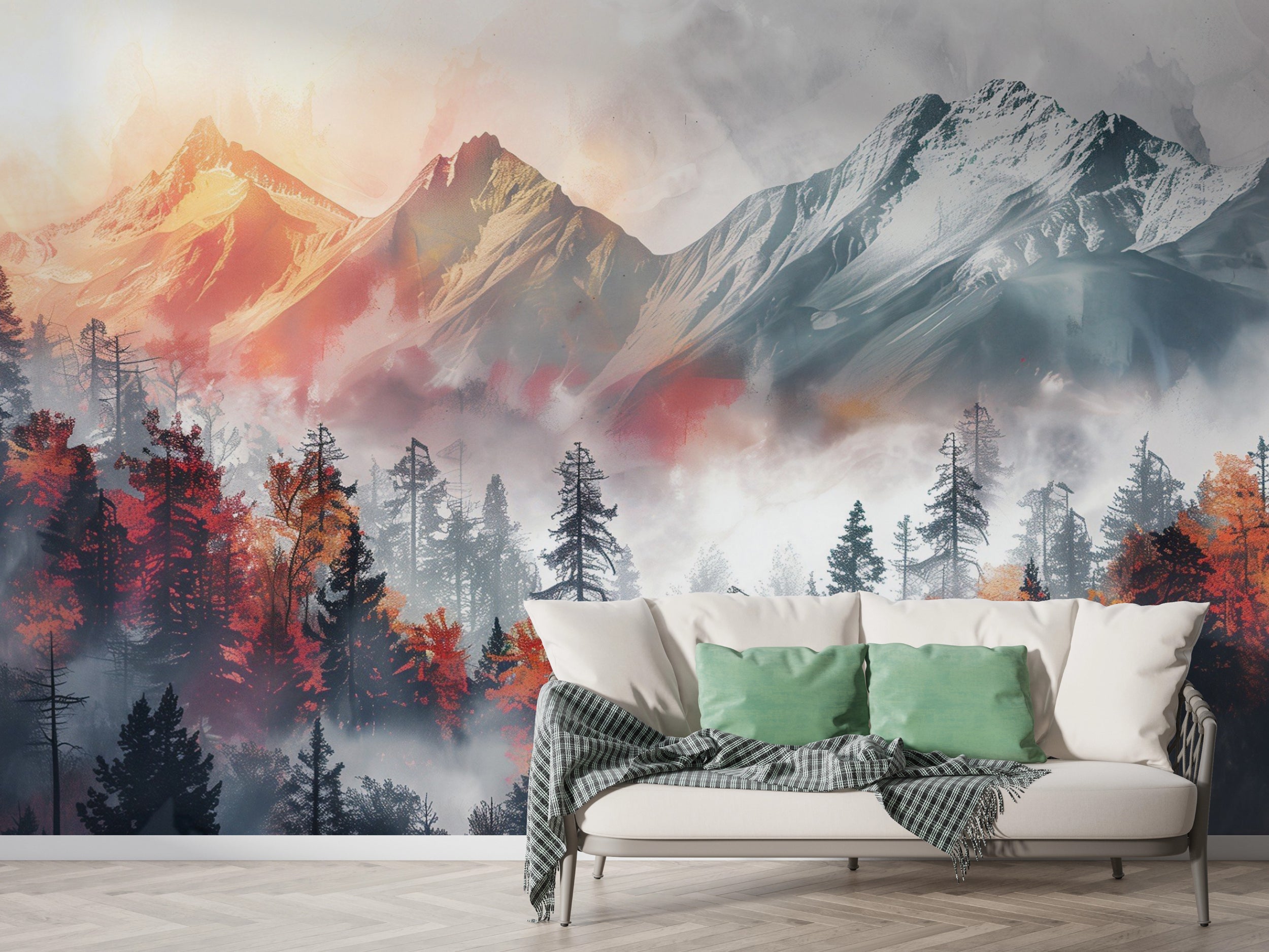 Grey and Orange Mountains and Pine Forest Wall Mural, Peel and Stick Foggy Landscape Mural, Removable Sunset Mountain Decor