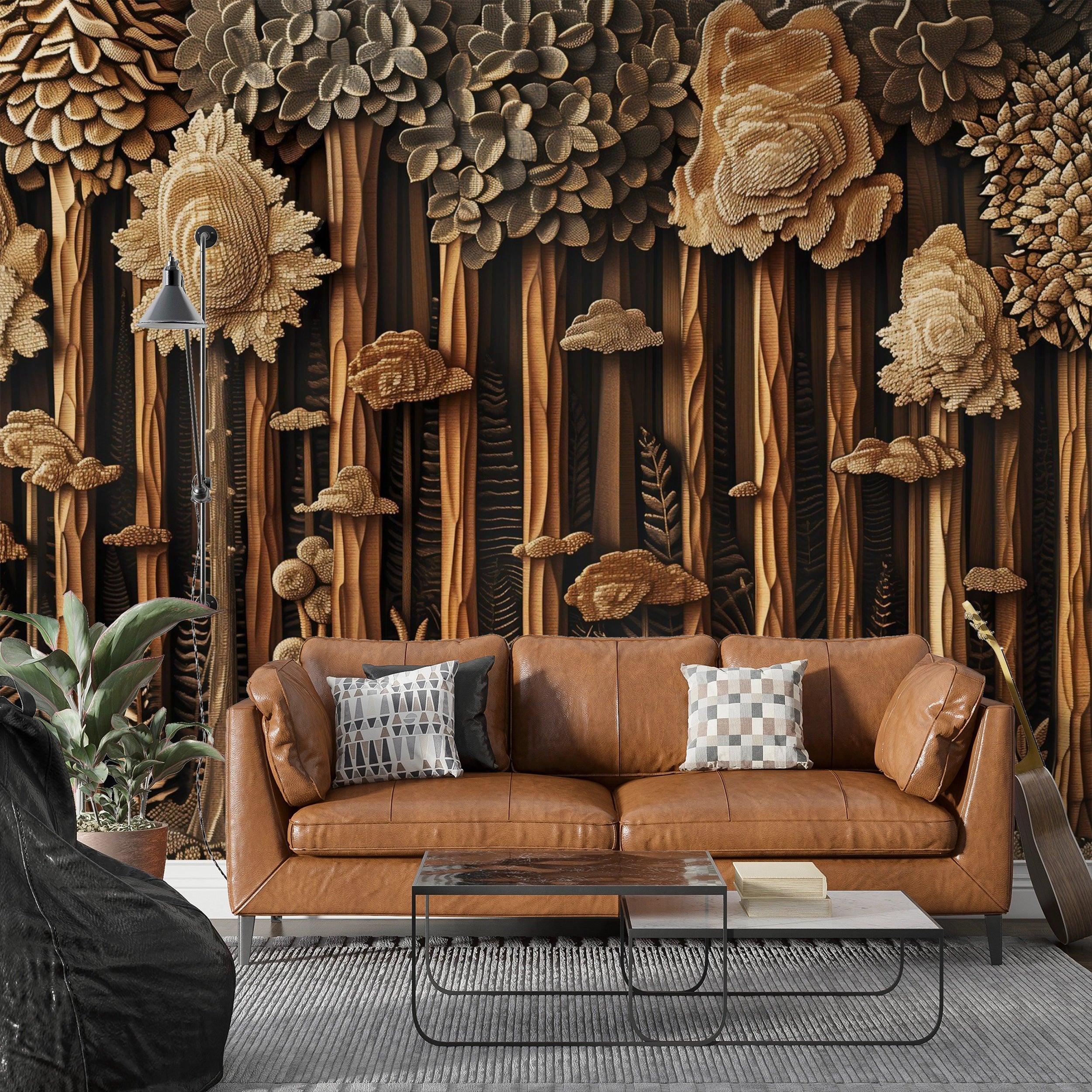Wood Carving Style Forest Wall Mural, Peel and Stick Wooden Trees Wall Decor, Dark Brown Wooden Look Accent Wall Wallpaper