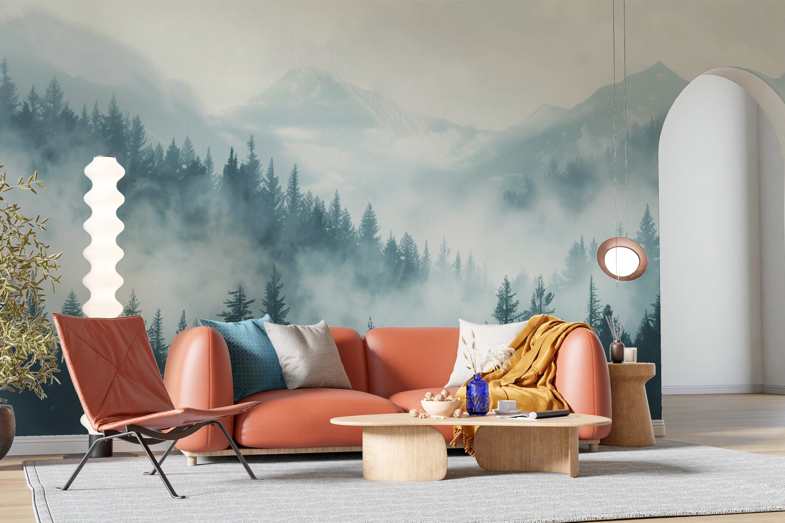 Watercolor Blue Forest and Mountains Mural, Peel and Stick Pine Forest Wallpaper, Soft Blue Nursery Removable Nature Wall Decor