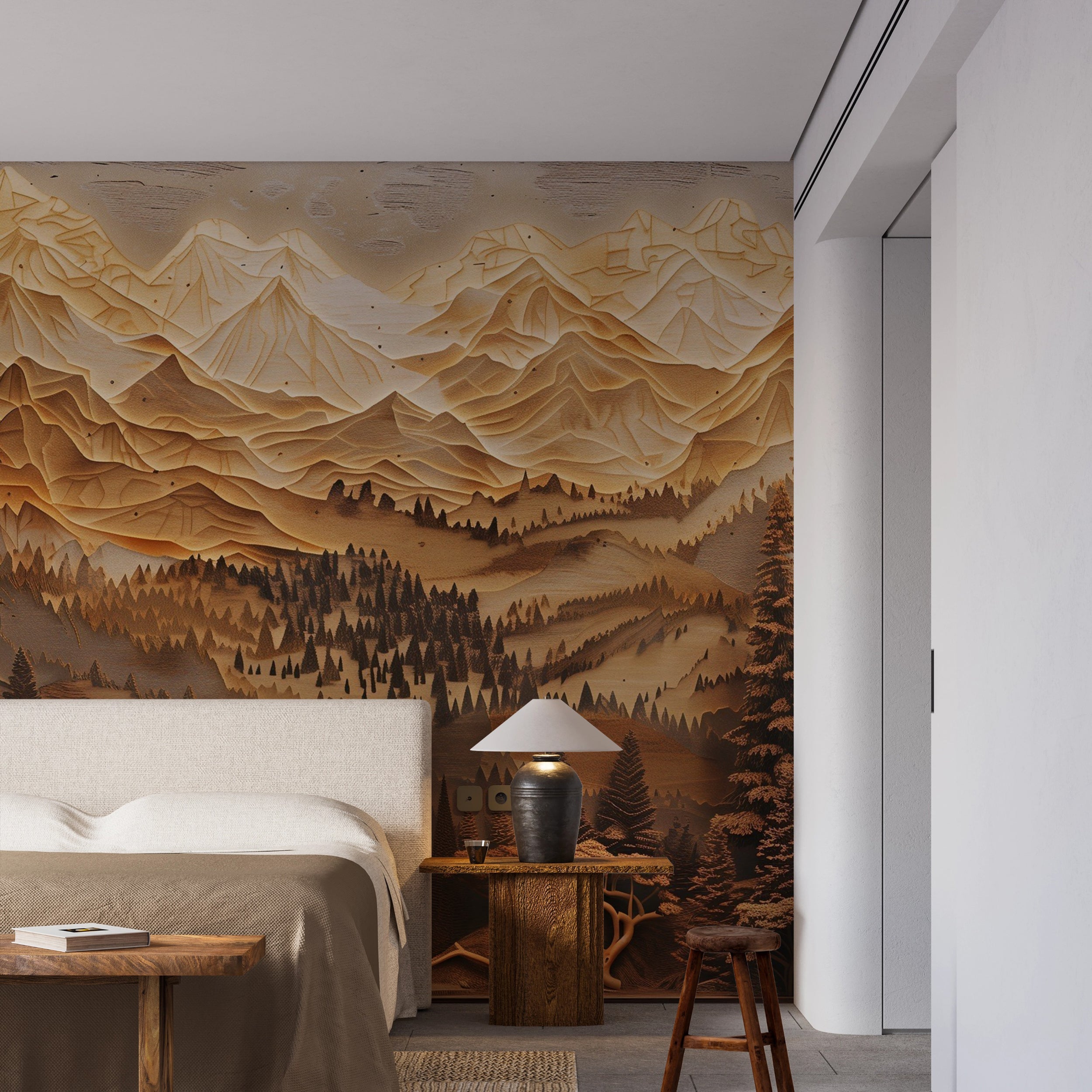 Mountains and Pine Trees in Wood Carving Style Mural, Peel and Stick Wooden Look Landscape Art, Beige and Brown Nature Wallpaper