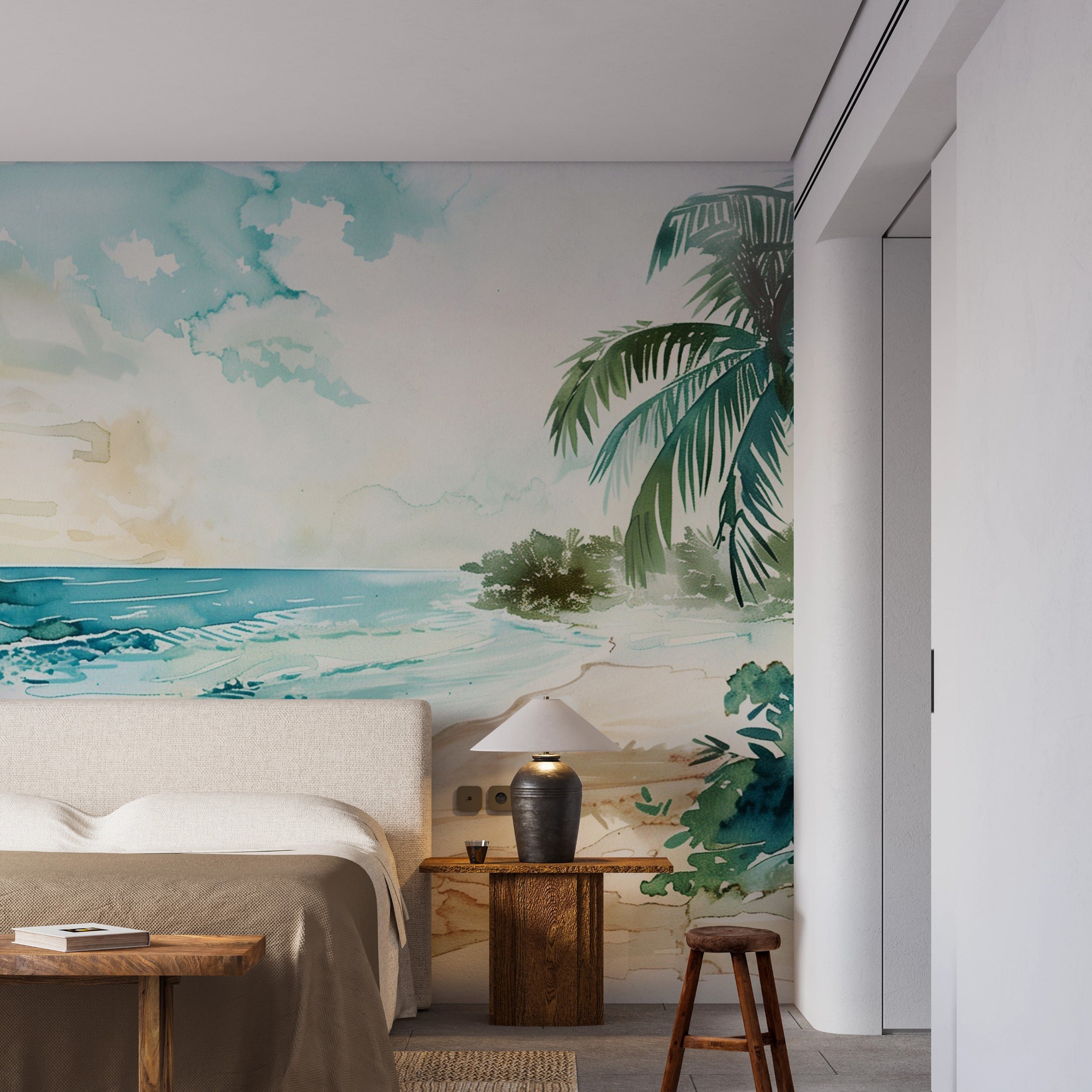 Coastal Mural, Peel and Stick Watercolor Paradise Beach Wallpaper, Ocean and Palm Tree Dreamy Wall Decor