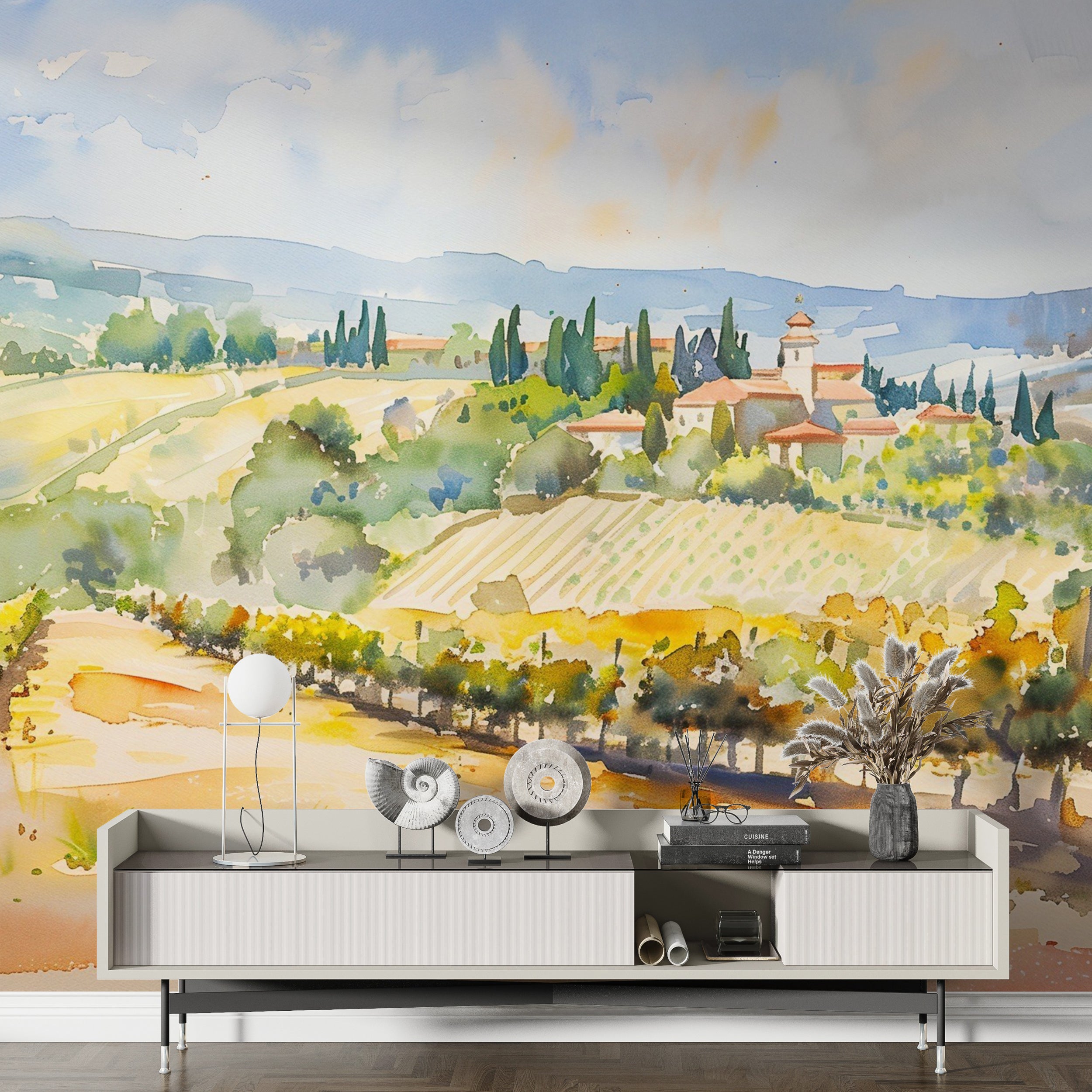 Watercolor Vineyard Wall Mural, Peel and Stick Italian Landscape Wallpaper, Field and House Scenic Removable Mural
