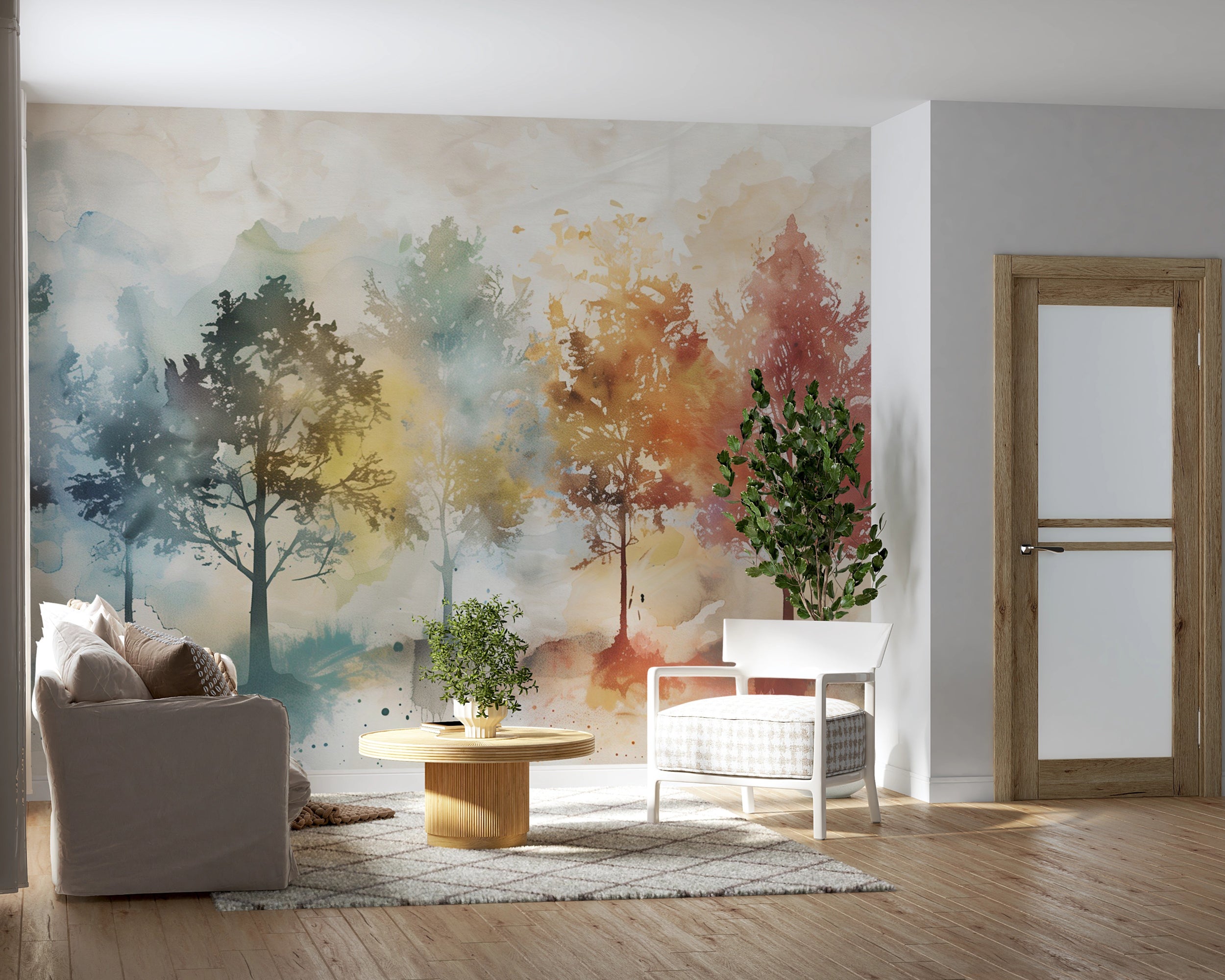 Colorful Trees Mural, Peel and Stick Autumn Forests Wallpaper, Watercolor Nursery Tree Removable Wall Decor