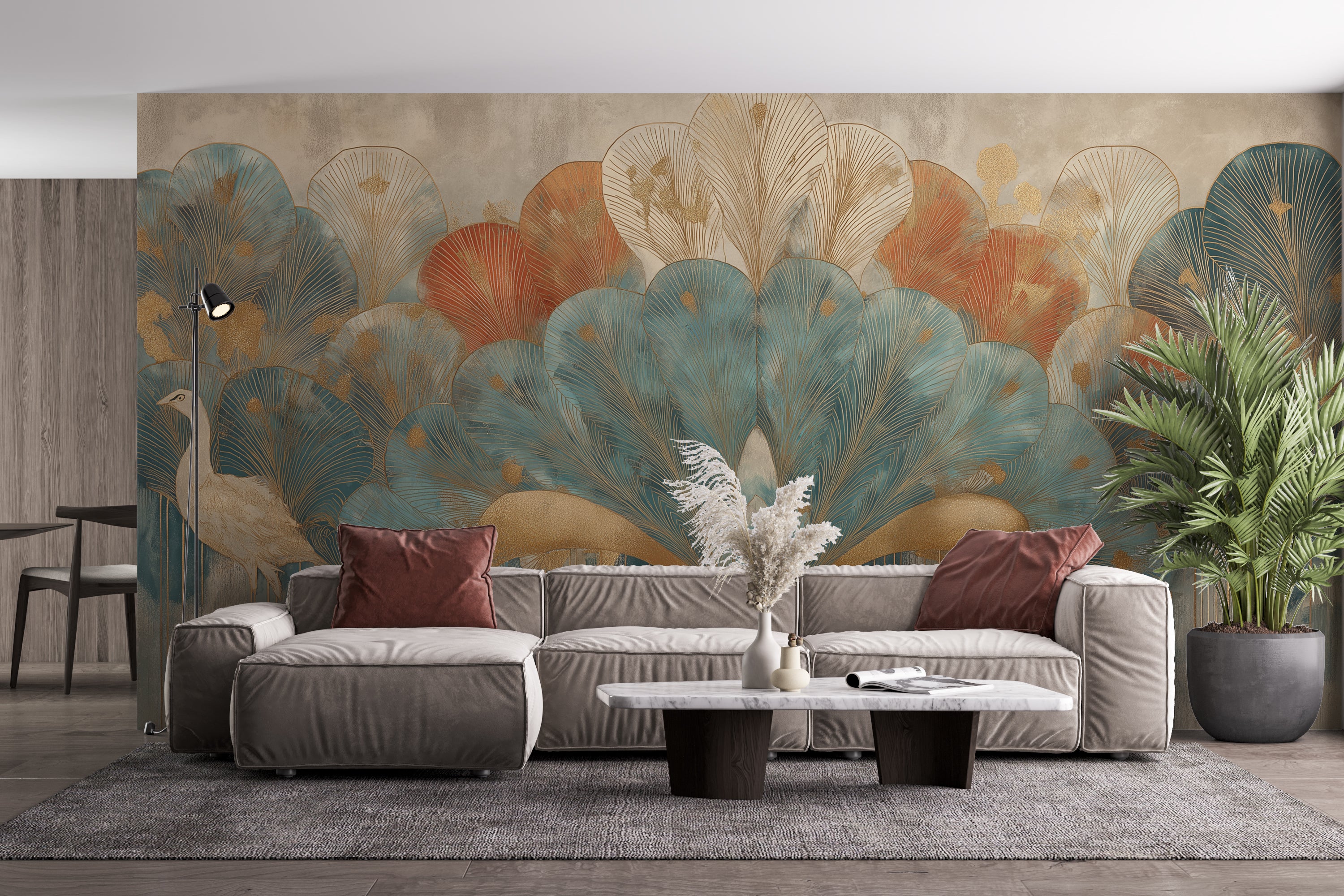 Ornamental peacock wall mural with gold and teal feathers