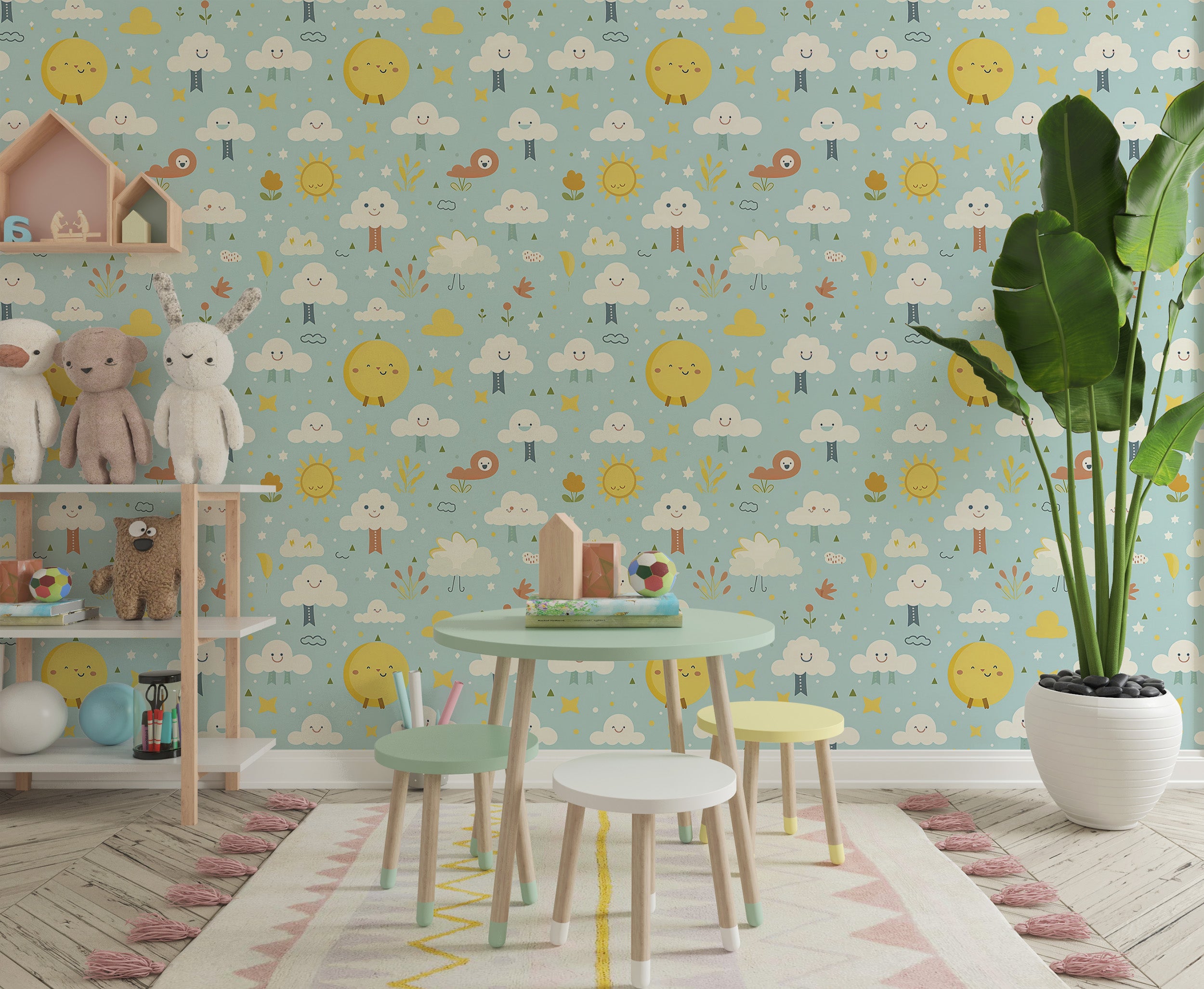 Playful Sun and Clouds Nursery Wall Art Detail