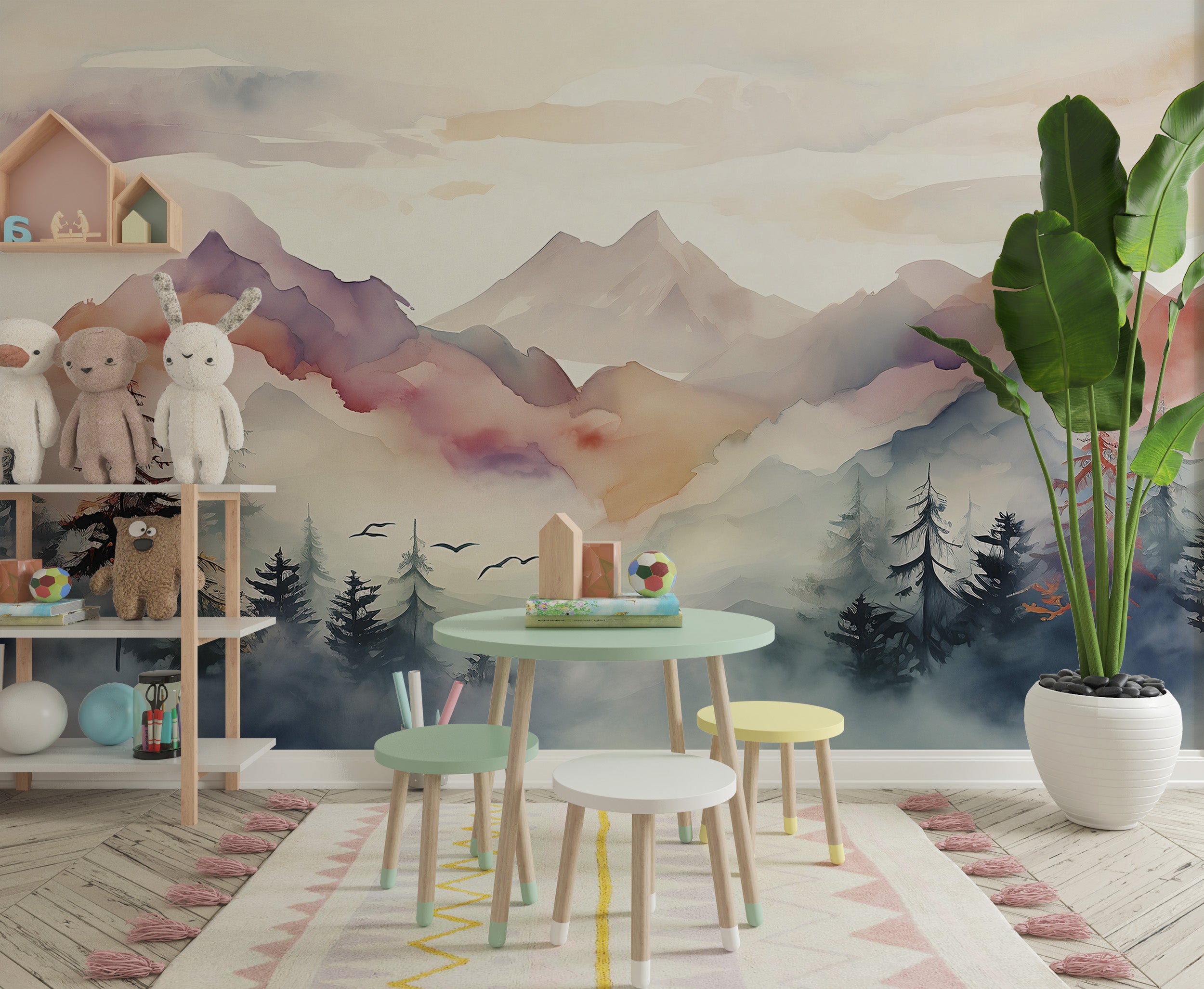 Misty Mountain Wallpaper Detail in Room Setting