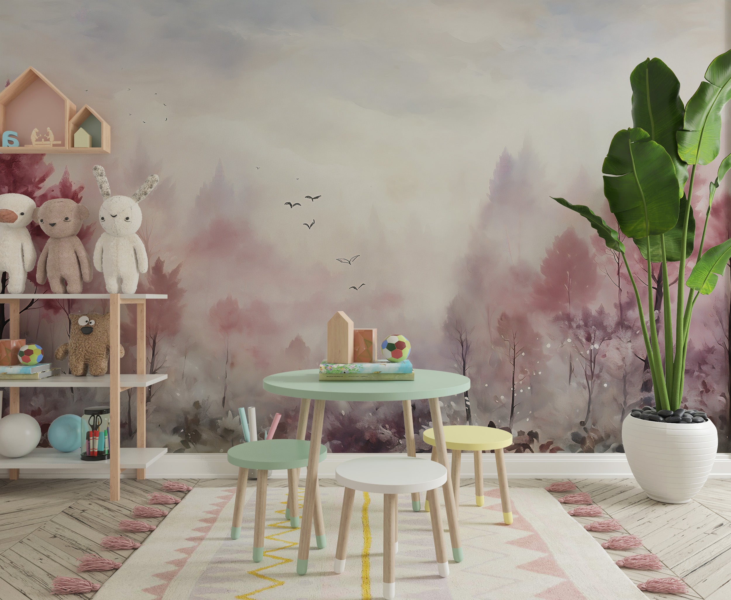 Delicate Watercolor Forest Wallpaper for Kids' Room