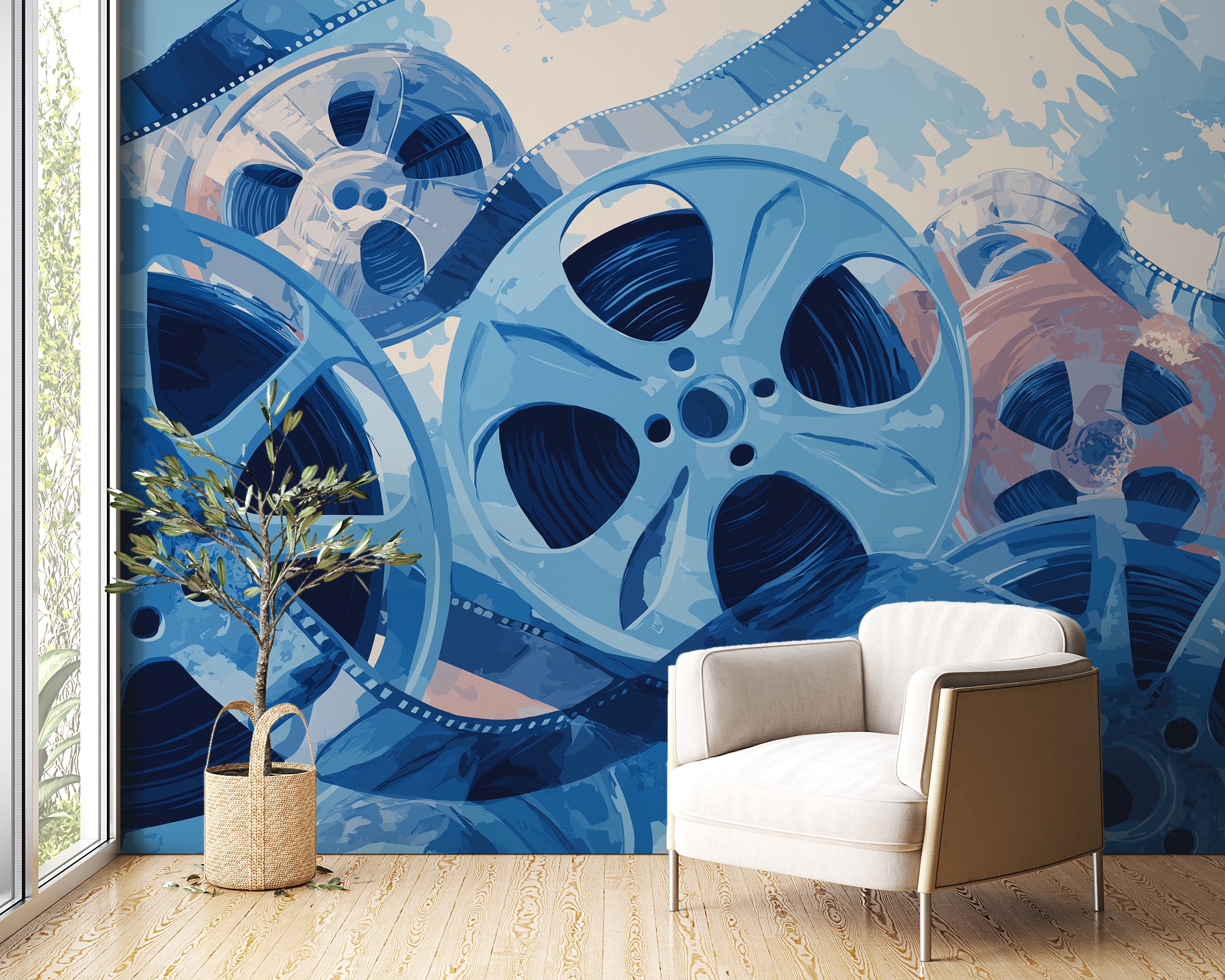 Vintage movie reel wallpaper in shades of blue and coral