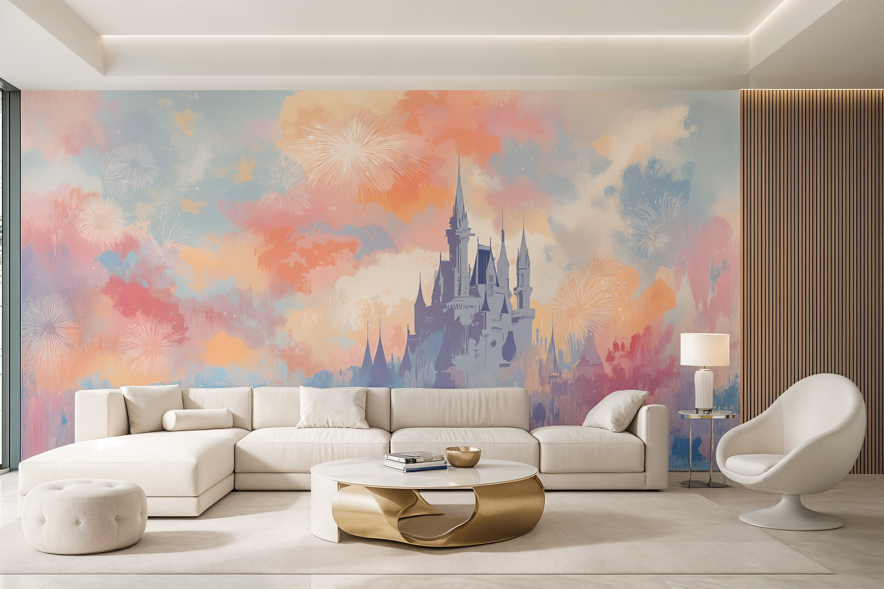 pink and blue fantasy castle wallpaper for kids room