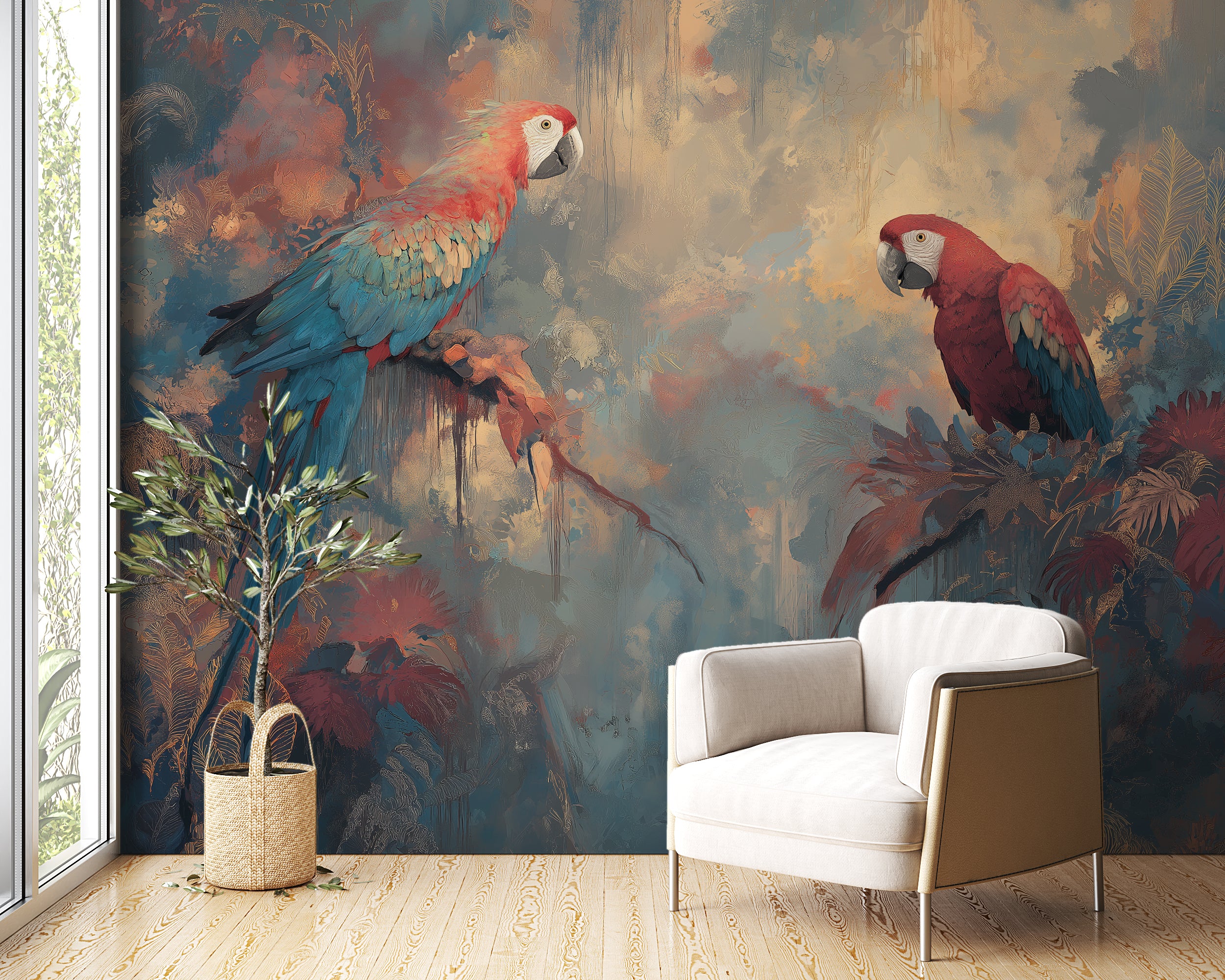 exotic bird mural with jungle plants